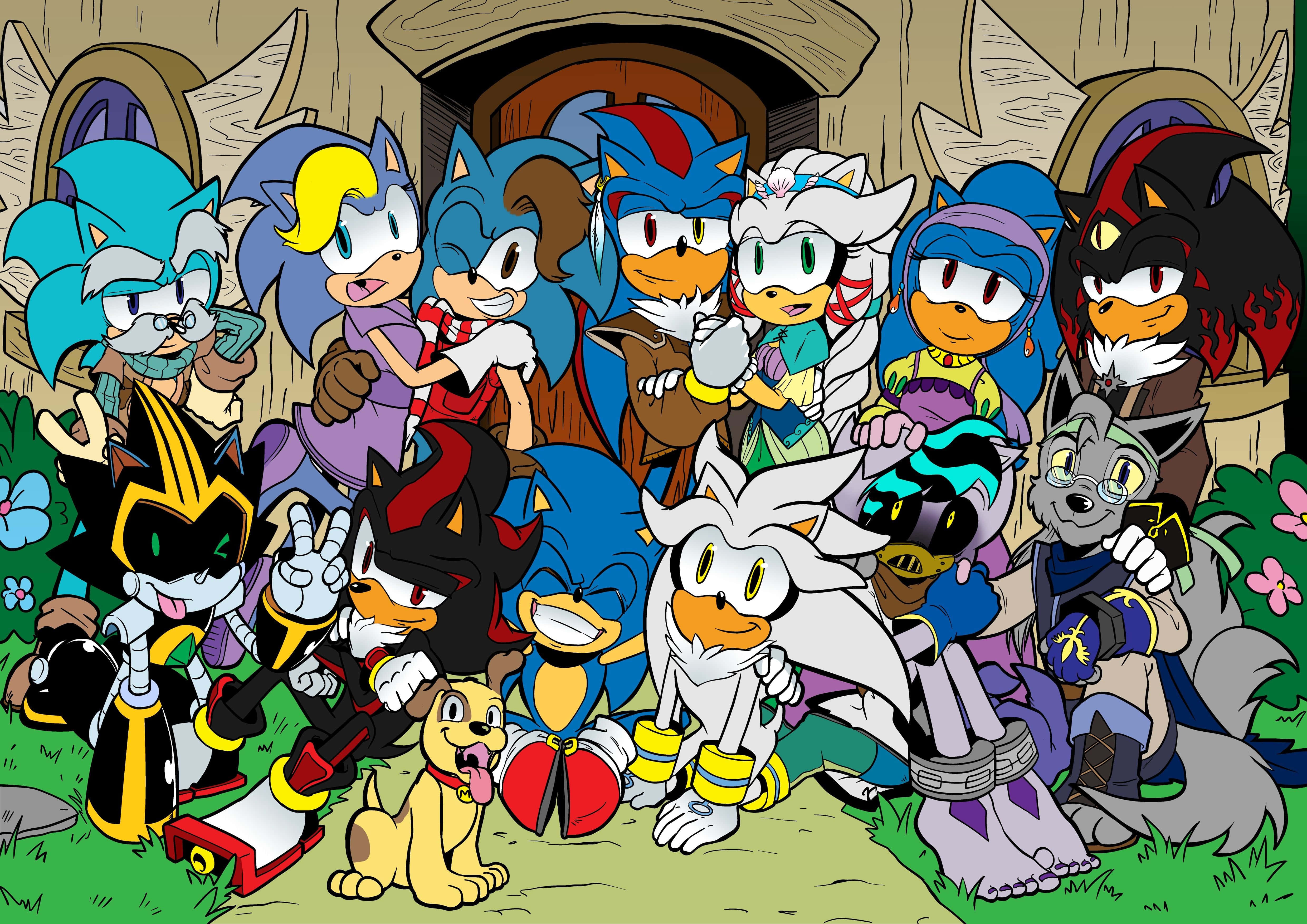 Sonic The Hedgehog Characters 桌布 壁紙 — 一群充滿活力的超音鼠角色在帶有花朵和草地的石拱門前愉快地擺姿勢。