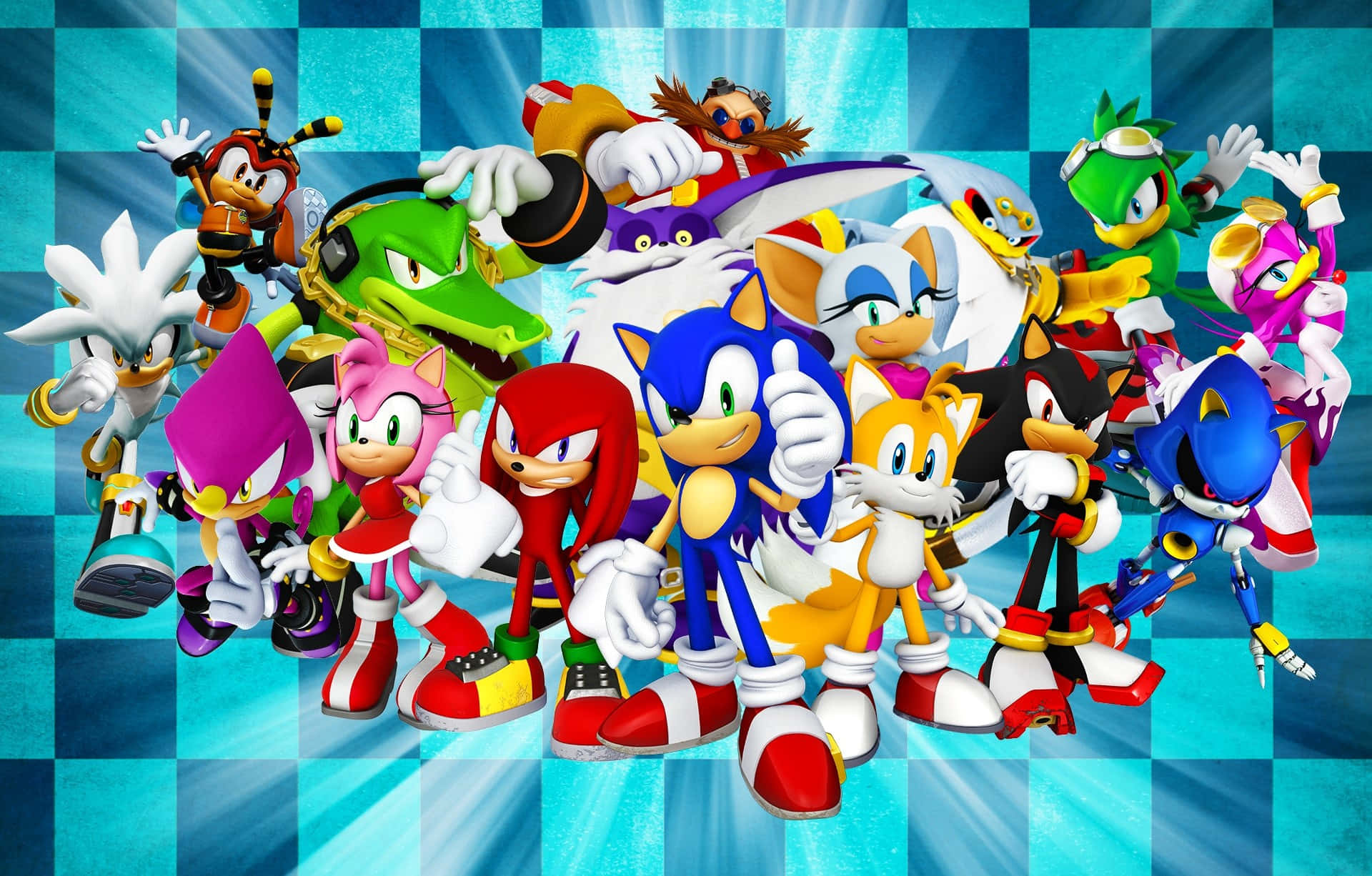 Sonic Characters 桌布 壁紙 — 一群充滿活力的超音鼠角色在發光的藍色格仔背景前充滿活力地擺姿勢。