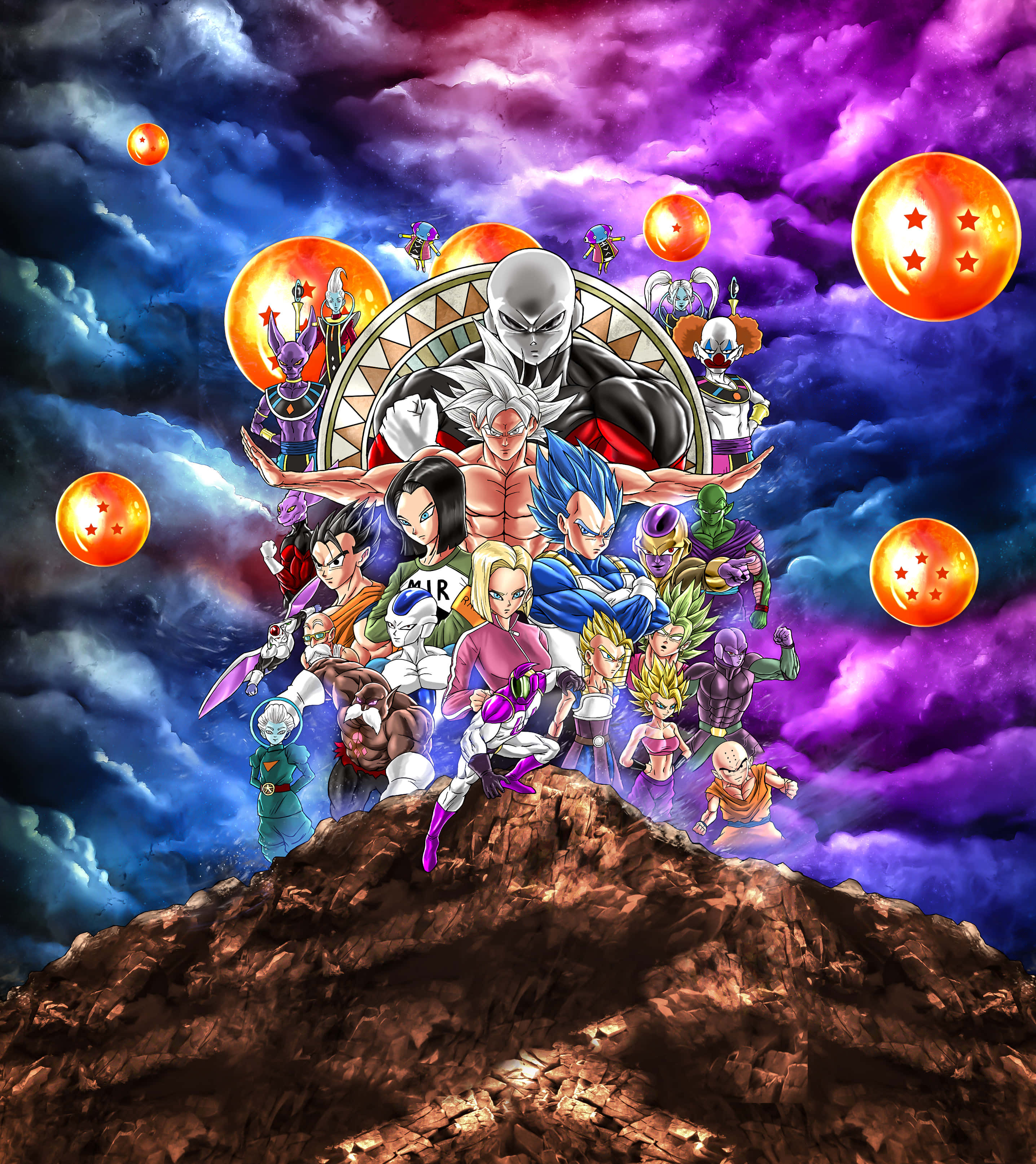 Tournament Of Power 桌布 壁紙 — 一群充滿活力的龍珠動漫角色站在岩石山峰上，背景是旋轉的紫色和藍色天空，漂浮著龍珠。