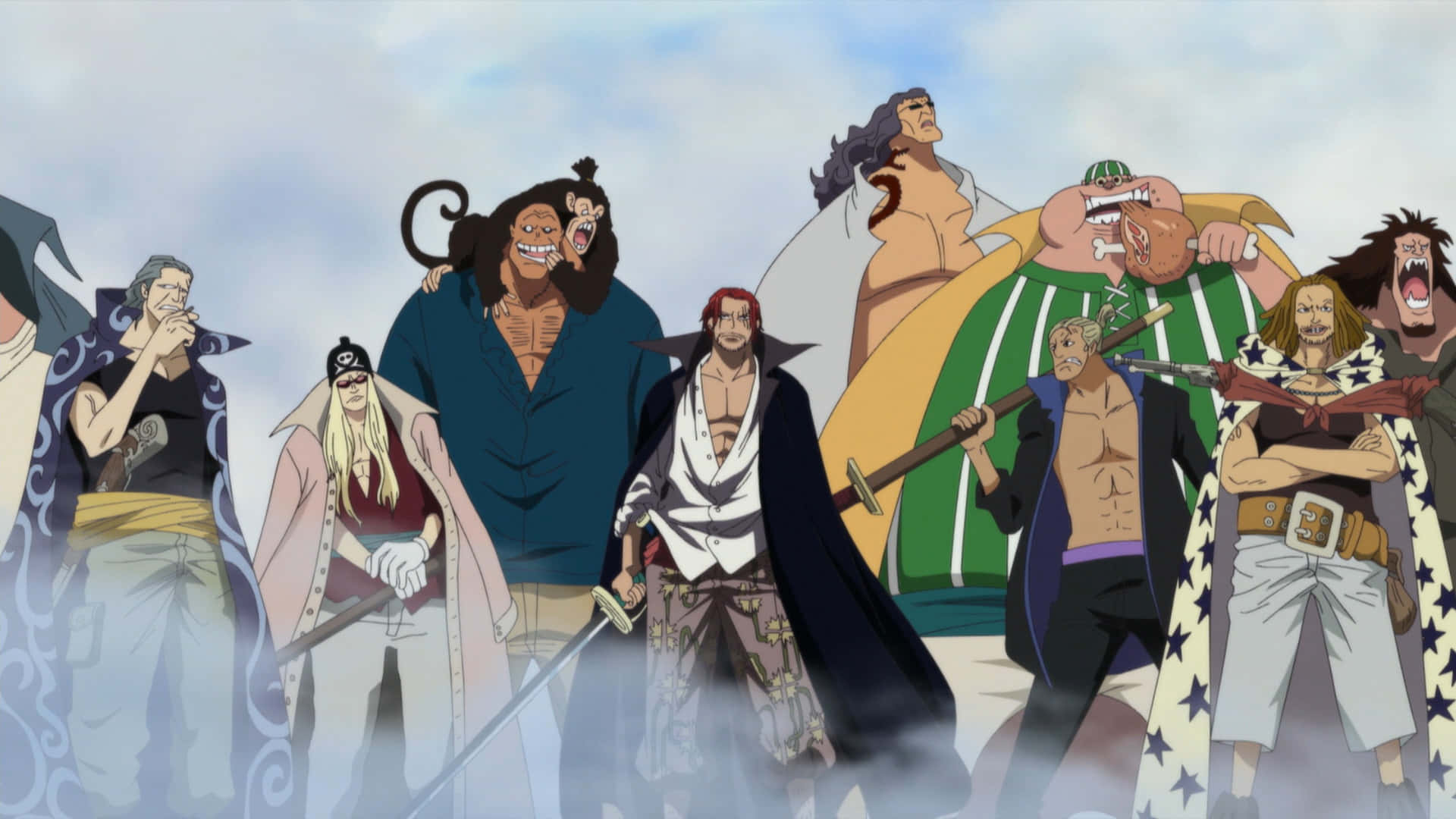 Marineford War 桌布 壁紙 — 一群兇猛的動漫海盜，手持劍和獨特服裝，挑釁地站在多雲的天空下。