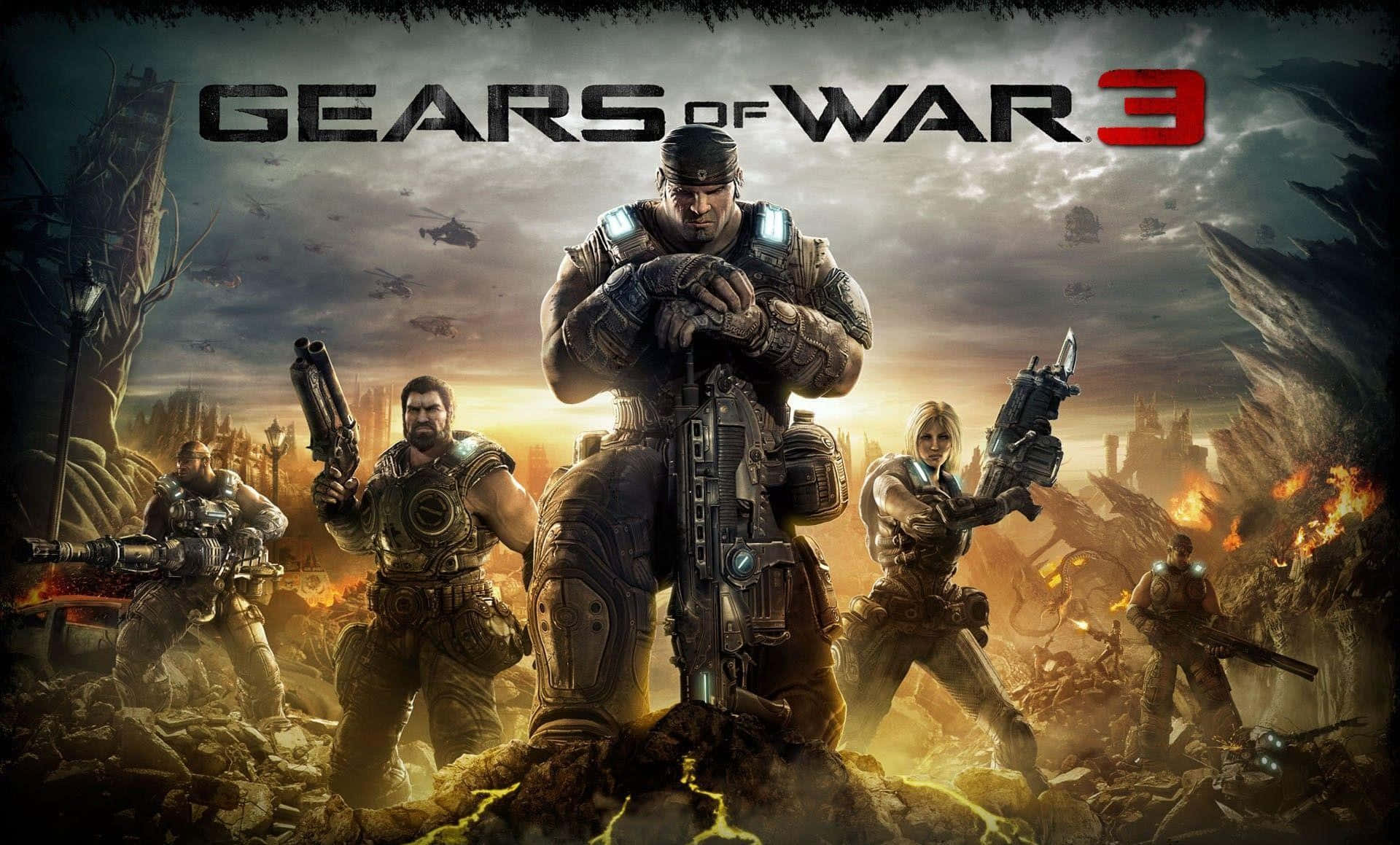 Xbox Games 桌布 壁紙 — 一群全副武裝的士兵在風暴天空下，於戰火摧殘、烈焰燃燒的戰場上挑釁地站立。