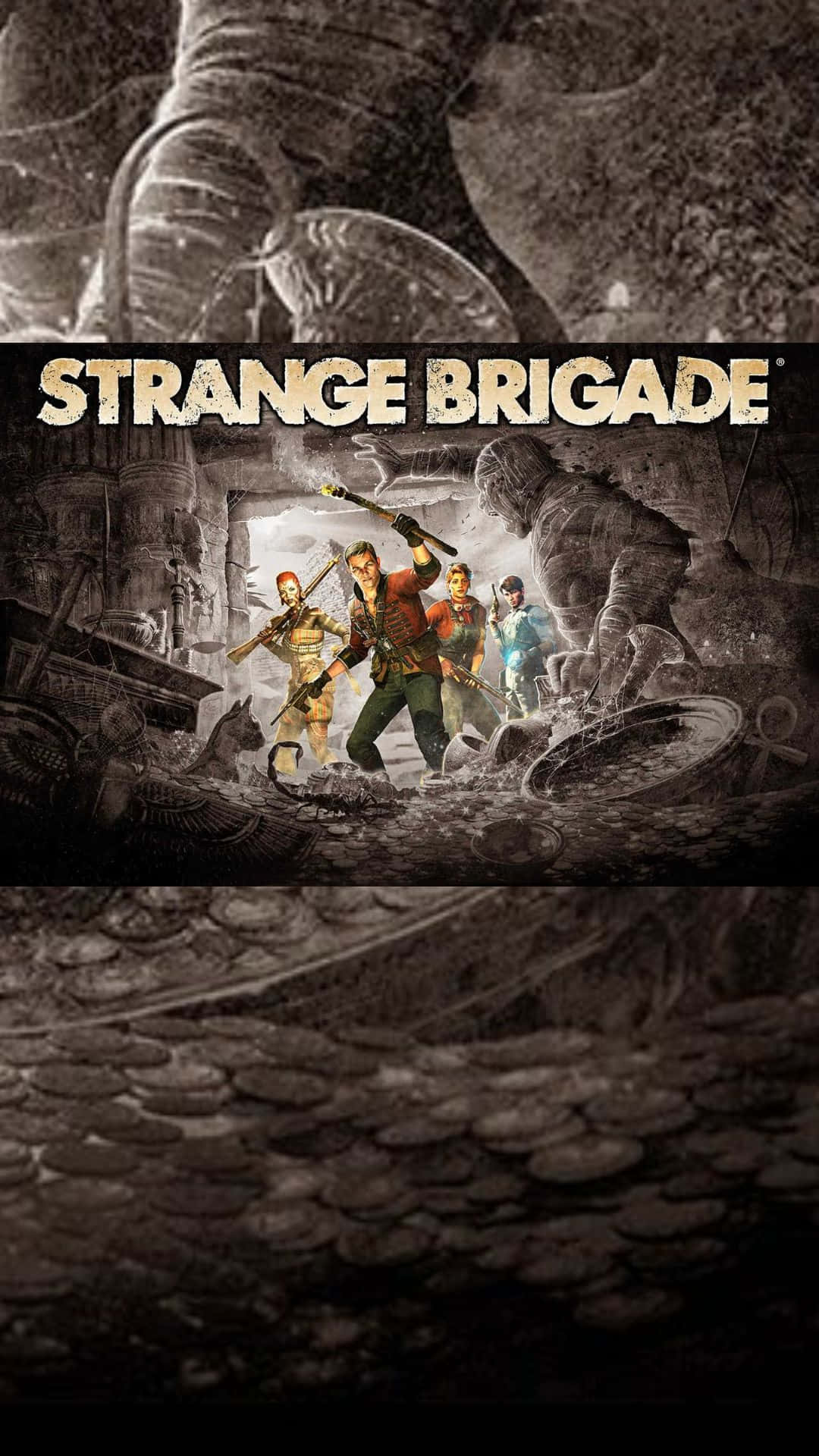 Android Strange Brigade 桌布 壁紙 — 一群冒險者在一個充滿象形文字和寶藏的黑暗古老神廟中與 monstrous 石頭守護者戰鬥。