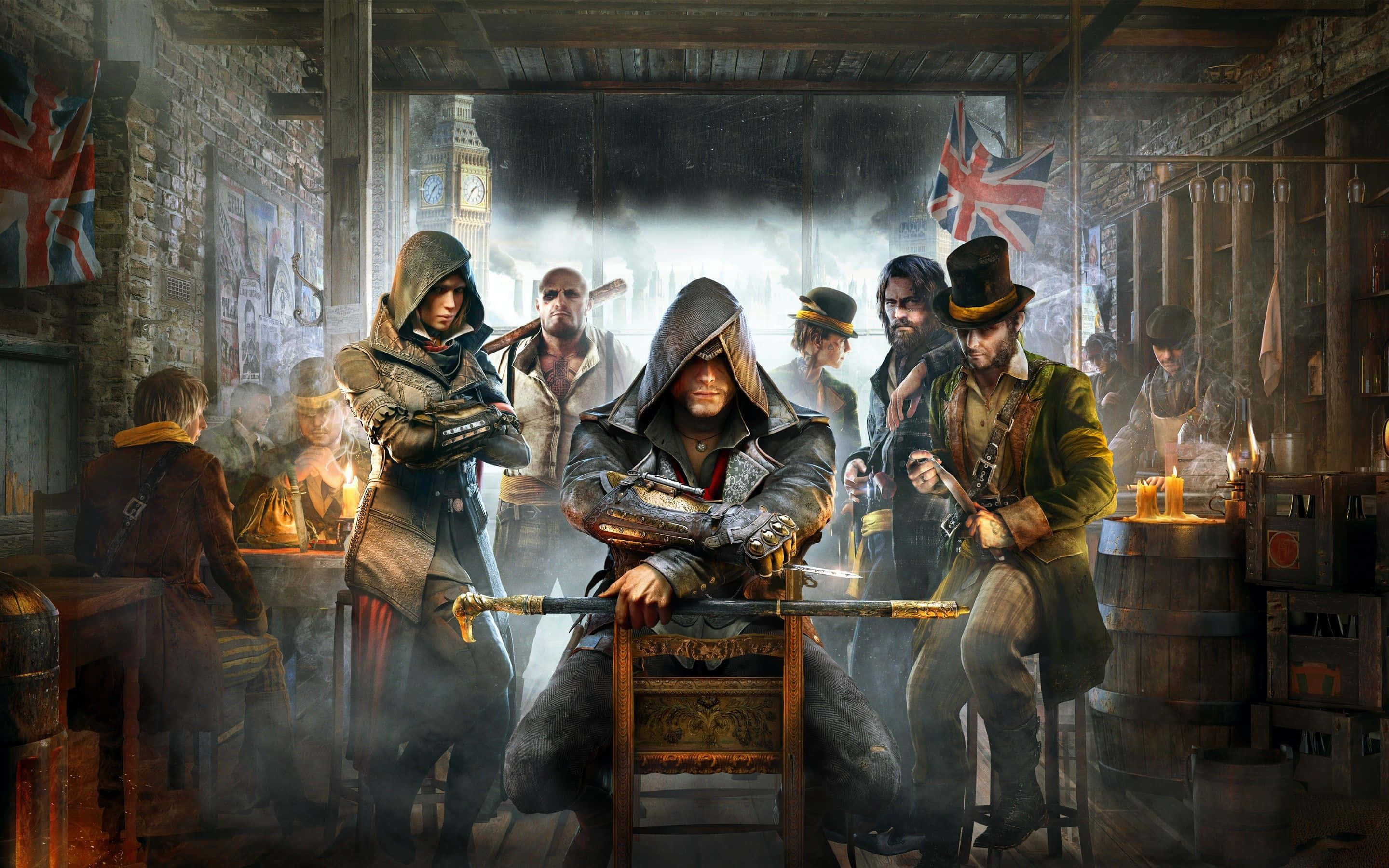Assassin's Creed Syndicate 桌布 壁紙 — 一群刺客和叛亂分子聚集在煙霧瀰漫的倫敦酒吧，窗外可見英國國旗和鐘樓。
