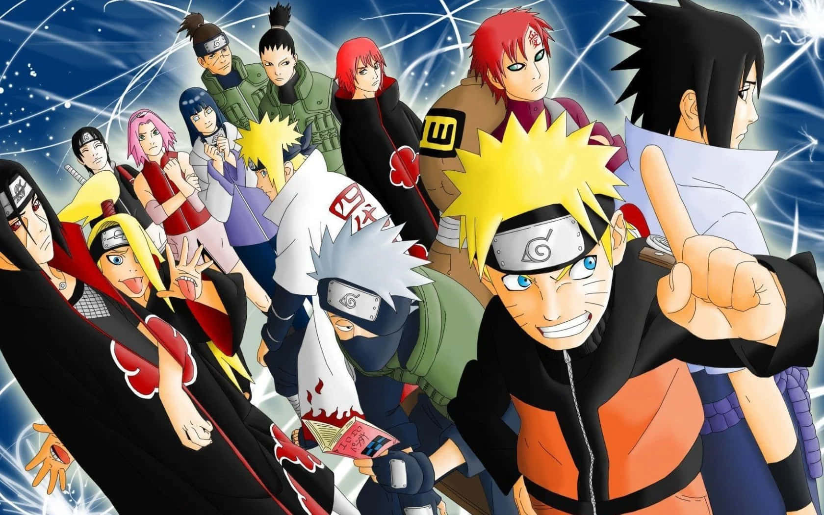 Ninja World 桌布 壁紙 — 一群動感十足的動畫忍者以英雄姿態擺出姿勢，背景是發光的藍色能量。