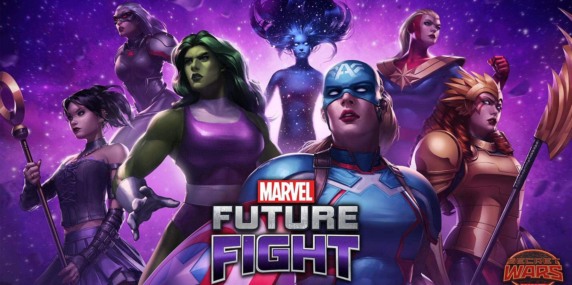 Secret Wars 桌布 壁紙 — 一群動態的Marvel女性超級英雄在宇宙紫色星空背景下英勇擺姿勢。