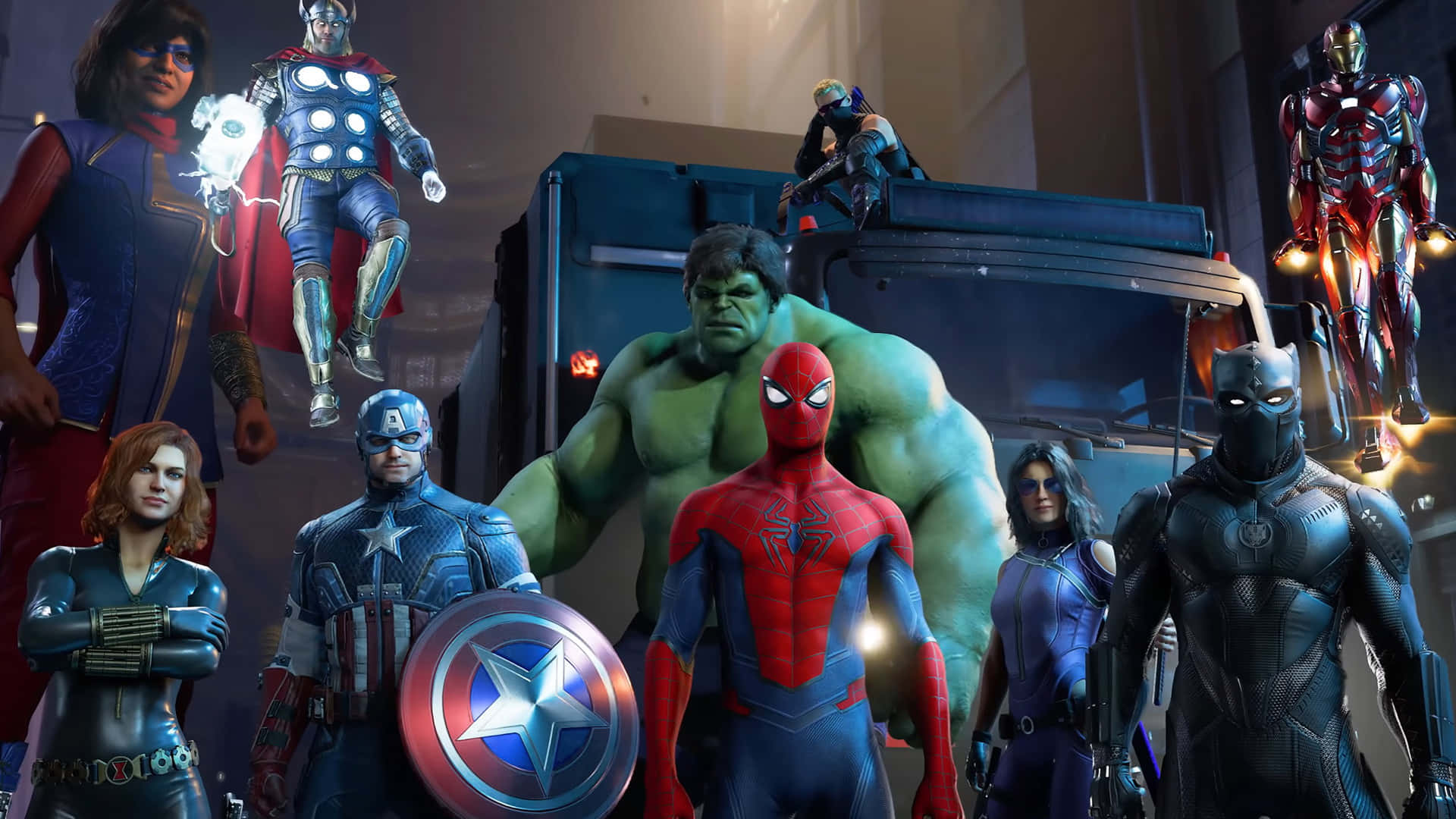Superhero Video Games 桌布 壁紙 — 一群動態的Marvel超級英雄，包括Hulk、Spider-Man和Iron Man，在一個高科技城市環境中準備好行動。