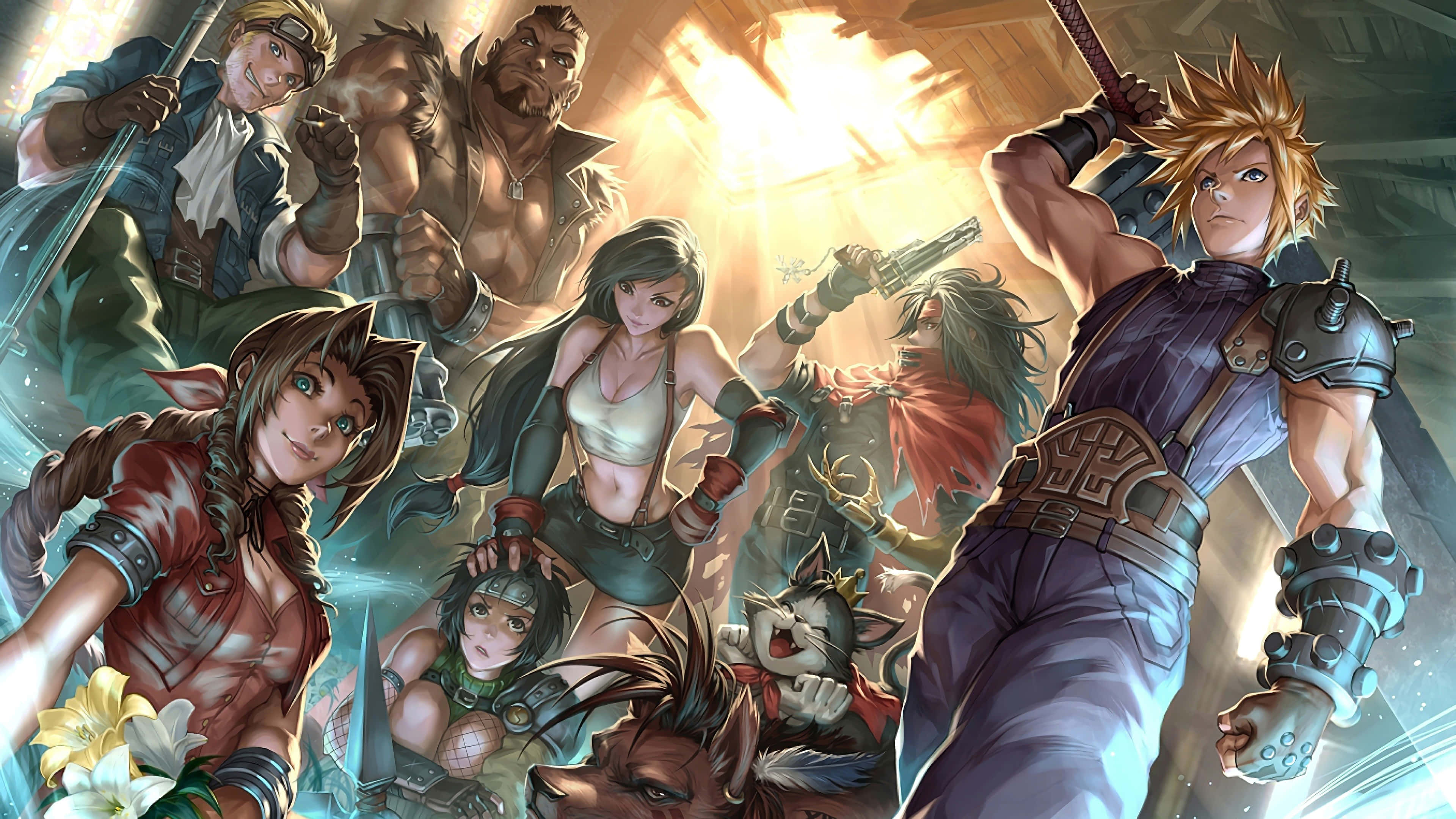 Final Fantasy Characters 桌布 壁紙 — 一群動態的奇幻冒險者，身穿精細的盔甲和裝備，在發光的背景下英勇地擺出姿勢。