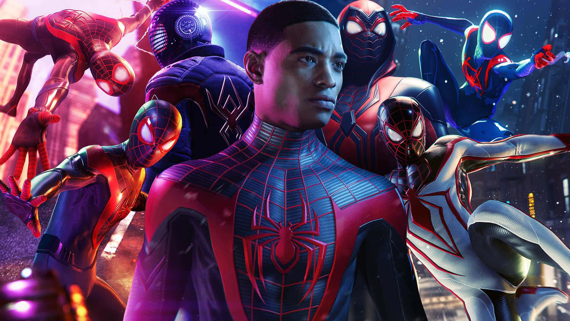 Miles Morales 動漫 桌布 壁紙 — 一群動態的蜘蛛俠變體穿著發光套裝，在夜晚霓虹燈照亮的城市景觀中英勇地擺出姿勢。