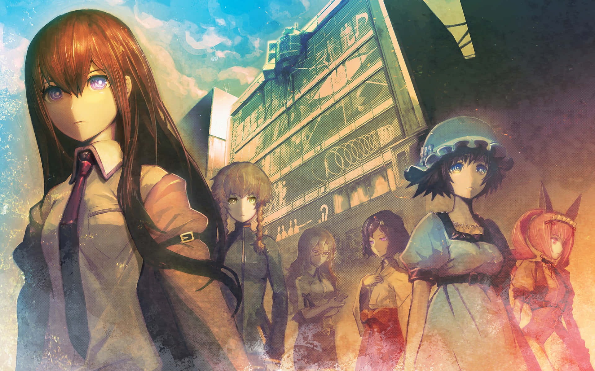 Steins Gate 桌布 壁紙 — 一群動漫女孩站在風格化的城市小巷中，在溫暖的日落天空下，閃爍著霓虹燈招牌。