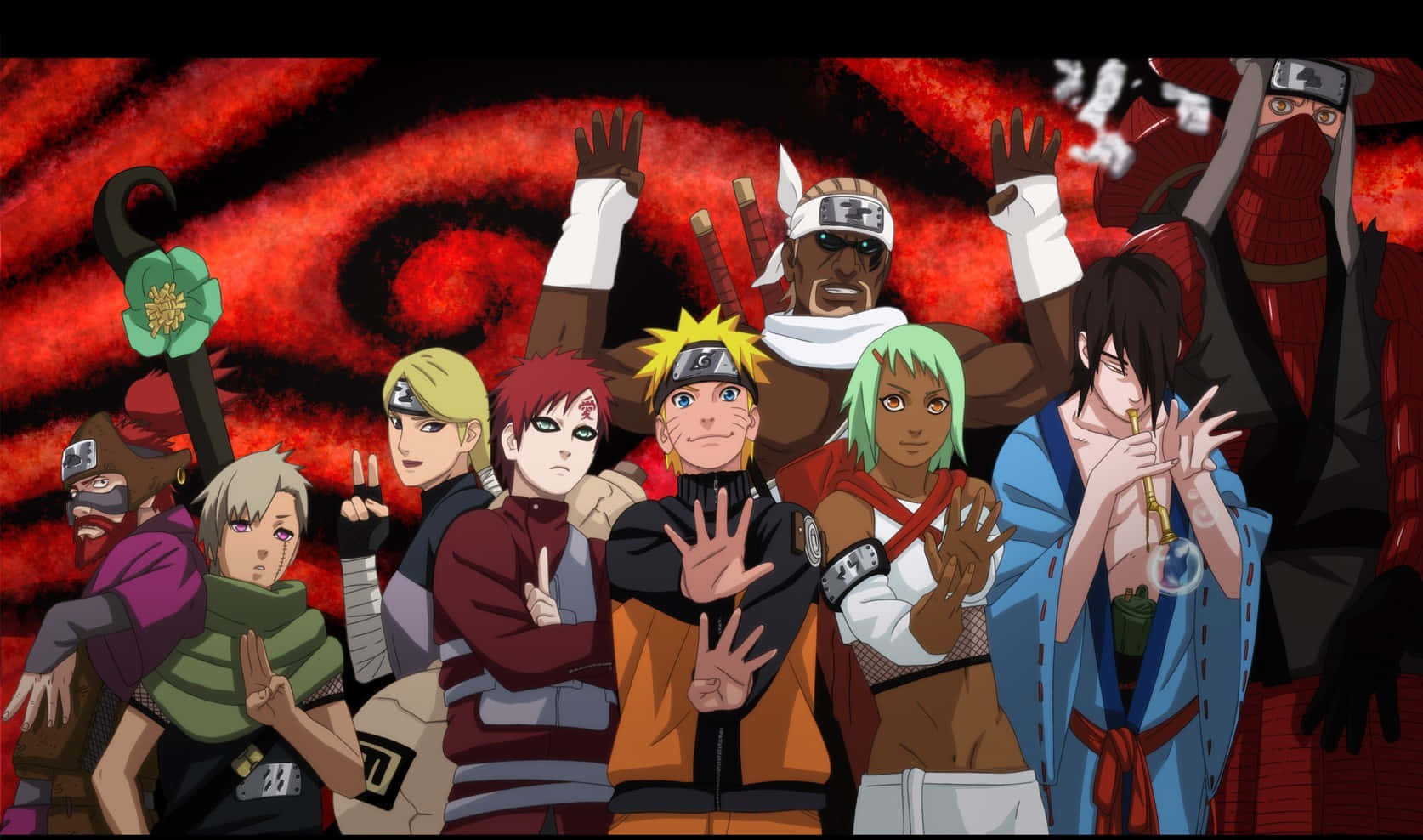 Ninja World 桌布 壁紙 — 一群動漫忍者以英雄姿態擺姿勢，背景是旋轉的紅色和一個大眼睛符號。