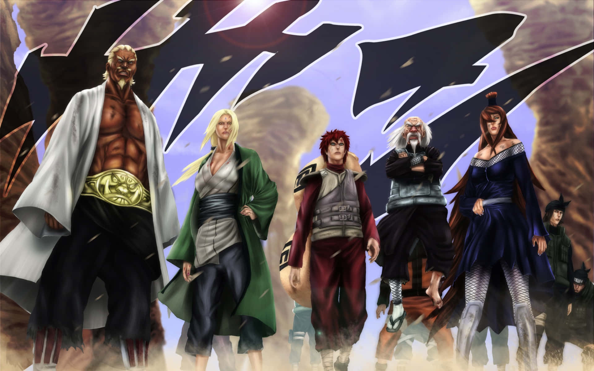 Naruto Kage 桌布 壁紙 — 一群動漫戰士在暴風雨的天空下，帶著動態能量效果英勇地站立。