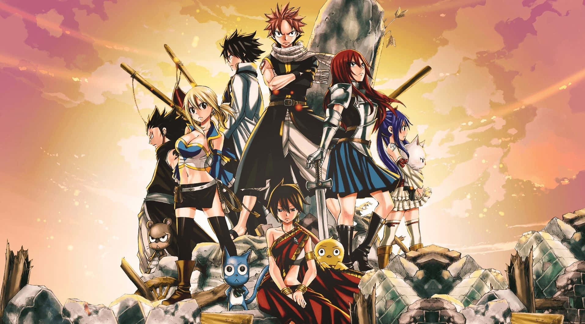 natsu dragneel 桌布 壁紙 — 一群動漫戰士在熾熱的夕陽天空下，挑釁地站在破碎的廢墟上。