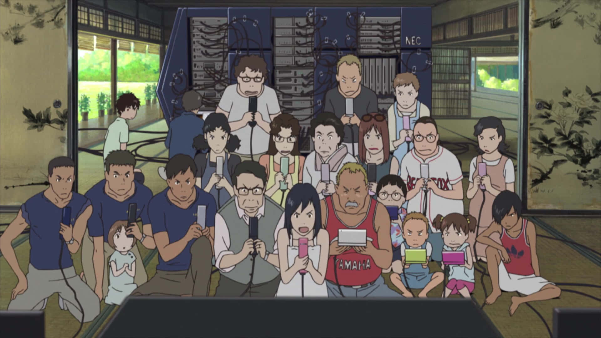 Summer Wars 桌布 壁紙 — 一群動漫角色在傳統日式房間中專注於手提遊戲裝置。