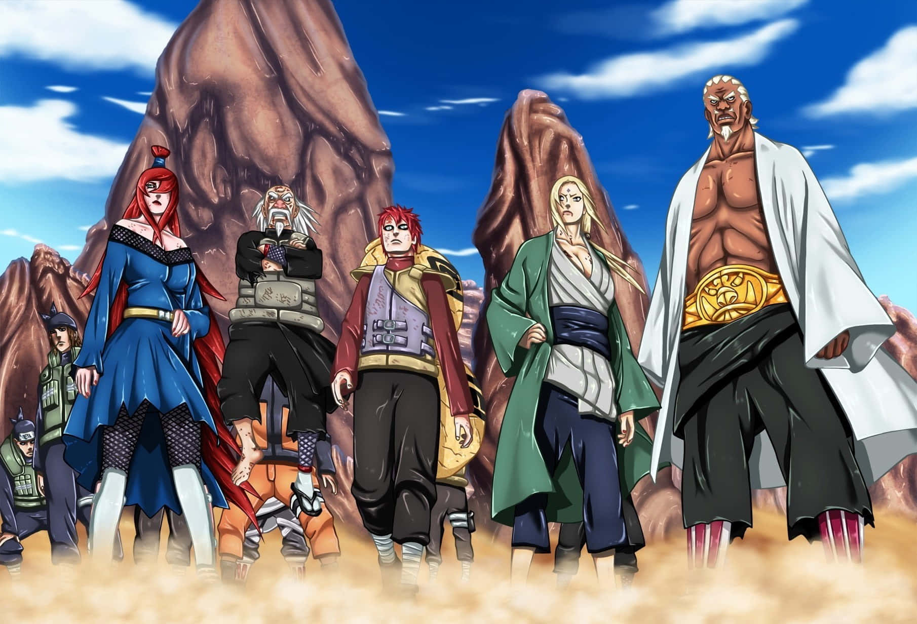Naruto Kage 桌布 壁紙 — 一群動漫角色在岩石沙漠中英勇站立，背景是明亮的藍天和蓬鬆的雲朵。