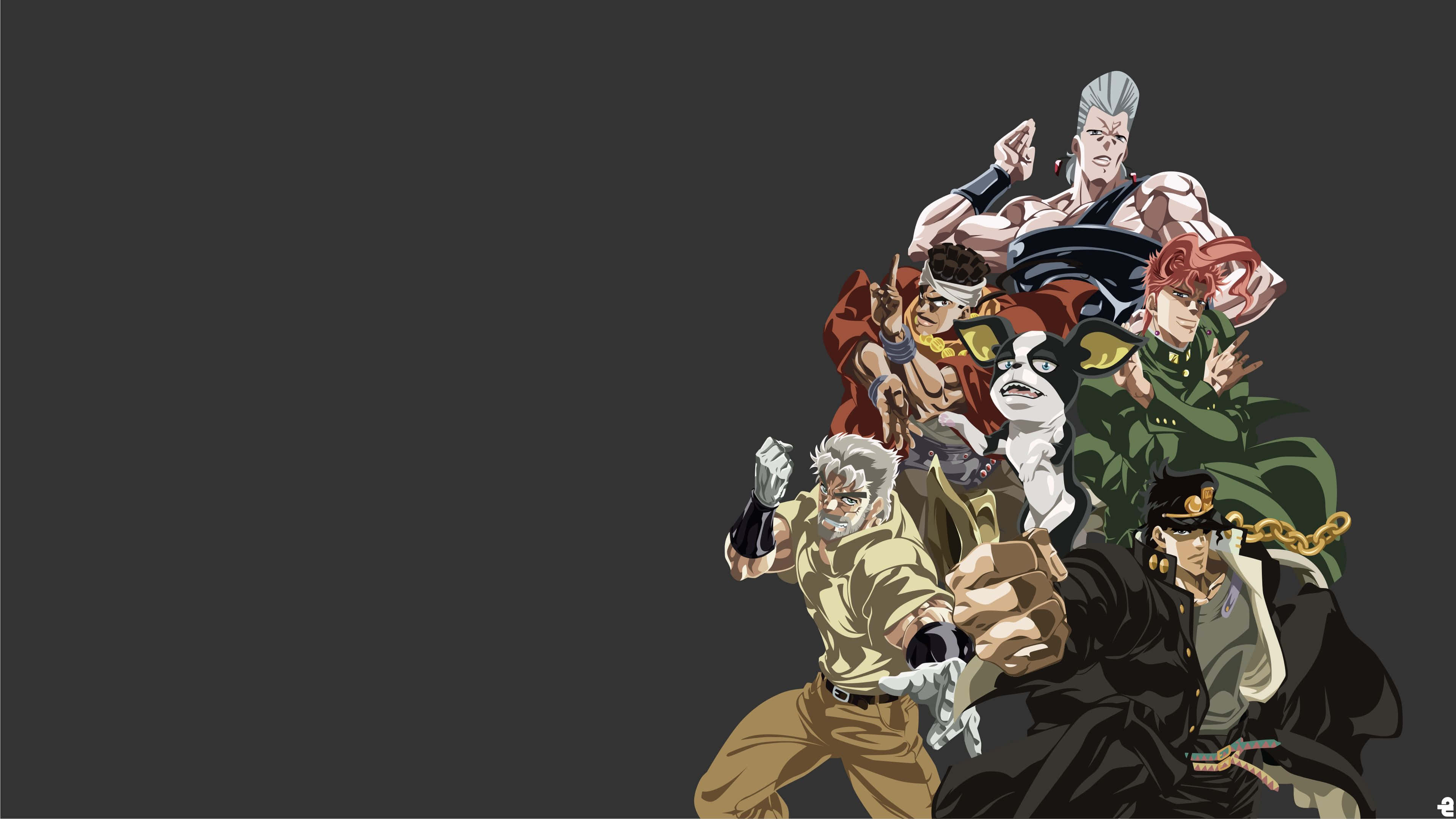Jjba 桌布 壁紙 — 一群動漫角色在深灰色背景上擺出戰鬥姿勢的動態畫面。