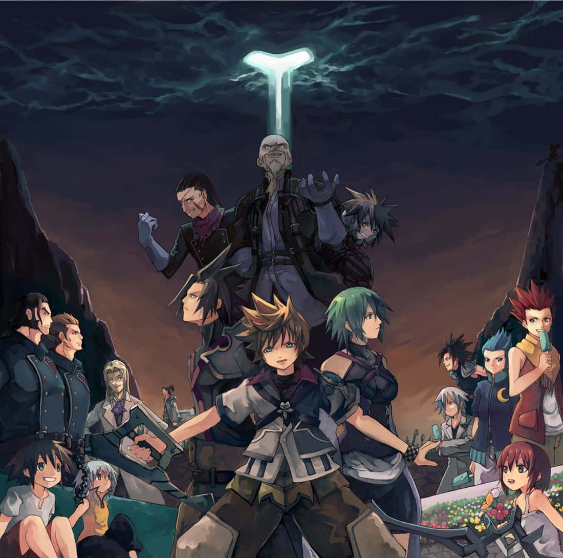 Kingdom Hearts Organization 13 桌布 壁紙 — 一群動漫角色在黑暗的岩石景觀中，站在發光的T形燈光下。