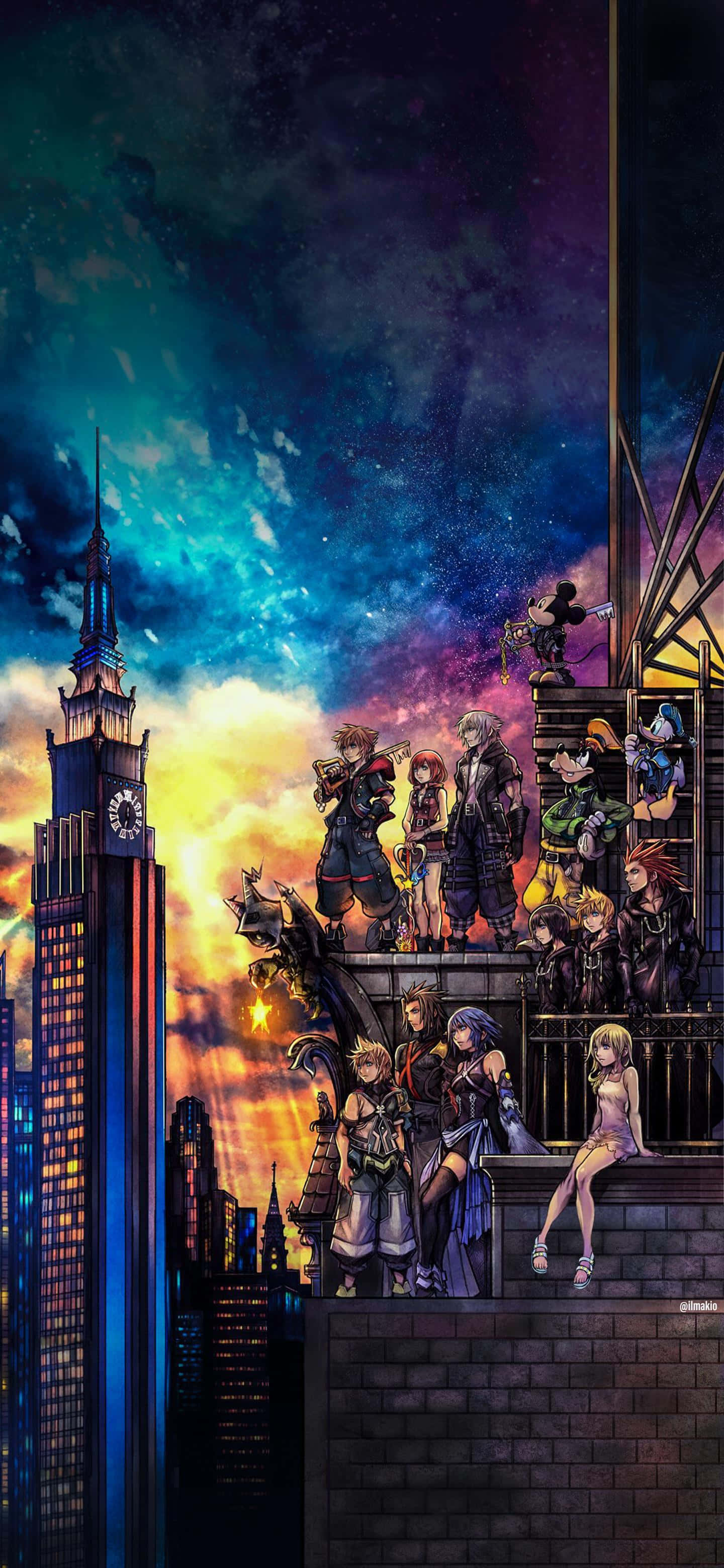 Kingdom Hearts Sora 桌布 壁紙 — 一群動漫角色站在城市屋頂上，背景是充滿活力的黃昏天空和高聳的鐘樓。