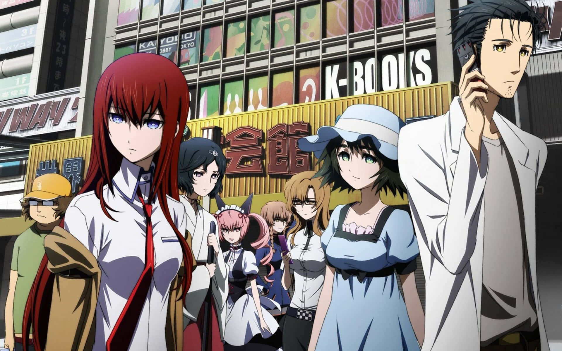 Steins Gate 桌布 壁紙 — 一群動漫角色站在東京繁華的街道上，周圍有霓虹燈招牌和現代建築。