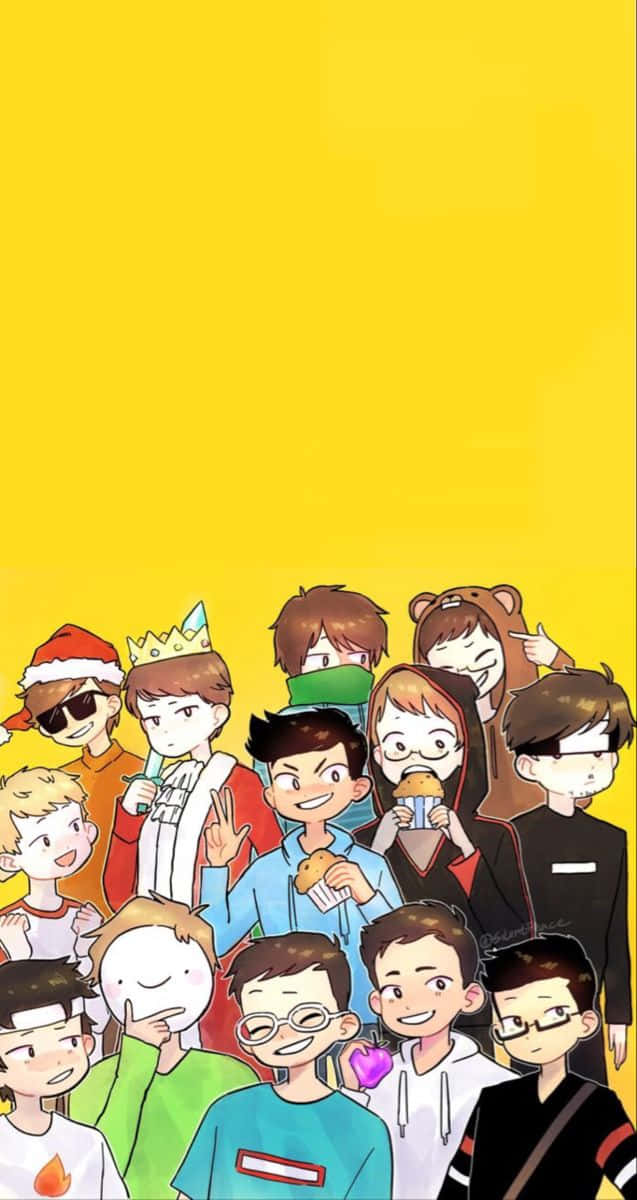 Minecraft Youtubers 桌布 壁紙 — 一群動漫風格嘅朋友，著住色彩繽紛嘅服裝，喺純黃色背景前一齊擺甫士。