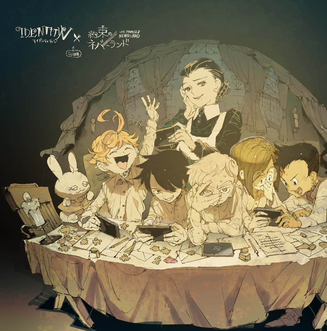 The Promised Neverland Isabella 桌布 壁紙 — 一群動畫兒童和一名女性聚集在光線昏暗的帳篷裡一張雜亂的桌子旁，帶著喜悅的表情投入趣味解謎。