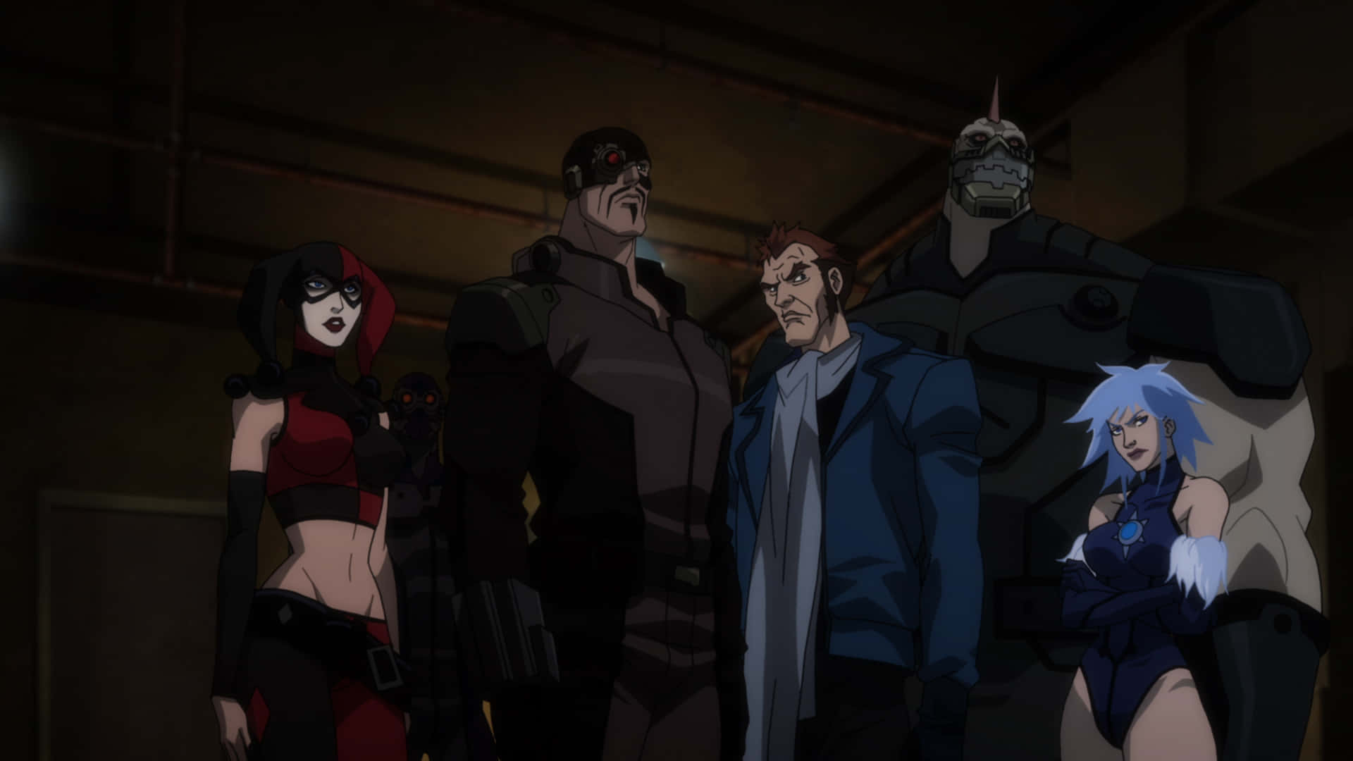 Batman Assault On Arkham 桌布 壁紙 — 一群動畫反派在頭頂有工業橫樑的昏暗倉庫中威風凜凜地站立。