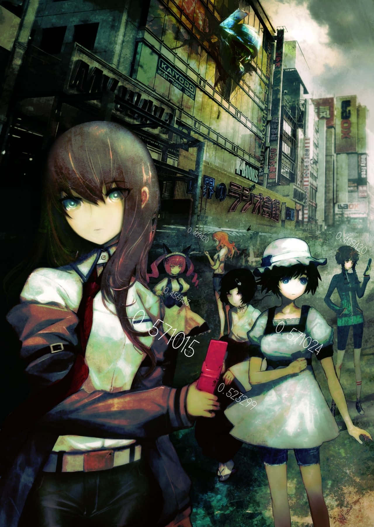 Steins Gate 桌布 壁紙 — 一群動畫女孩站在被雨水打濕、霓虹燈閃爍的城市小巷中，周圍是高聳的建築物和發光的招牌。