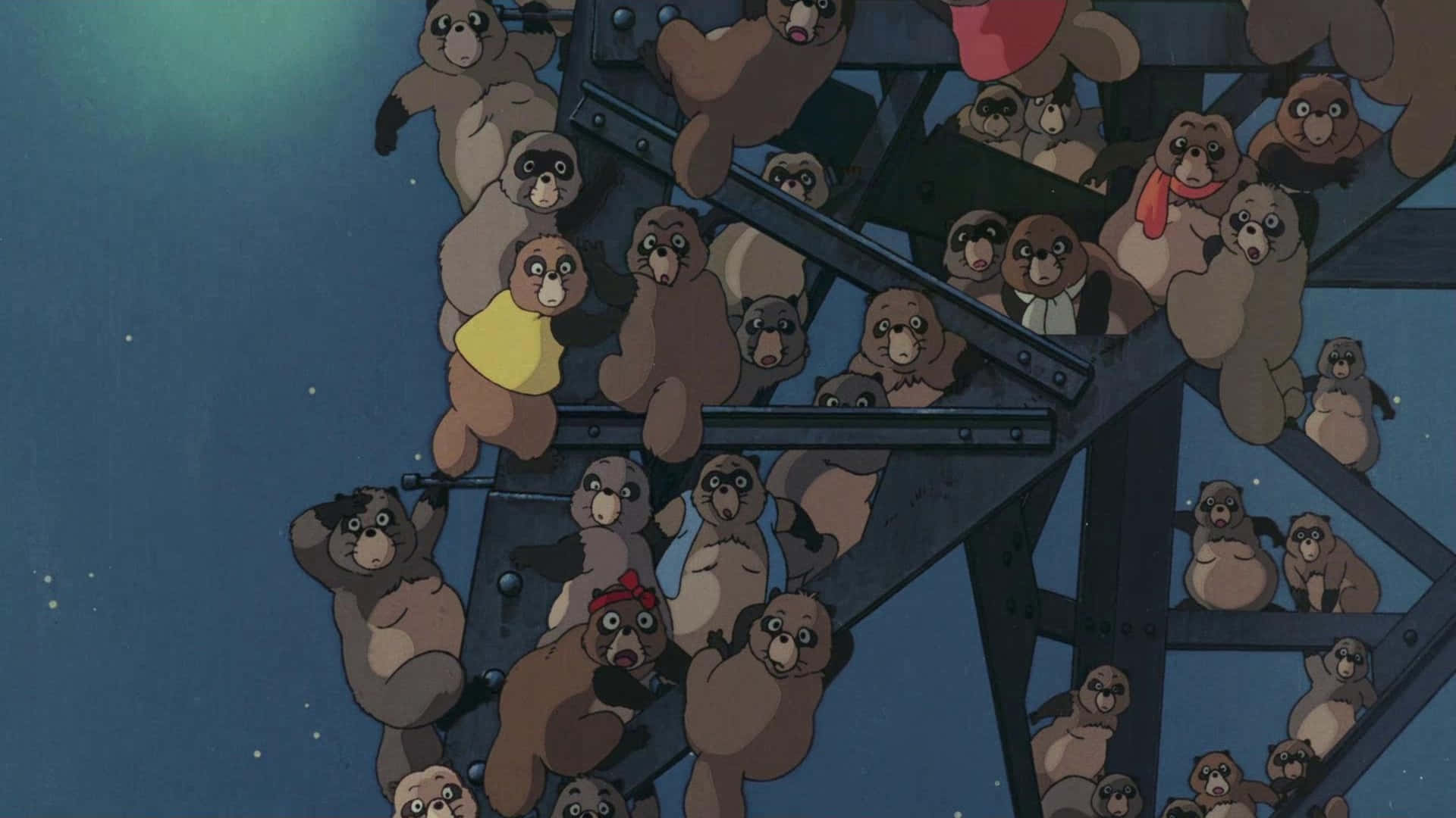 pom poko 桌布 壁紙 — 一群動畫熊在繁星點點的夜空下攀爬金屬塔，背景有一輪發光的月亮。