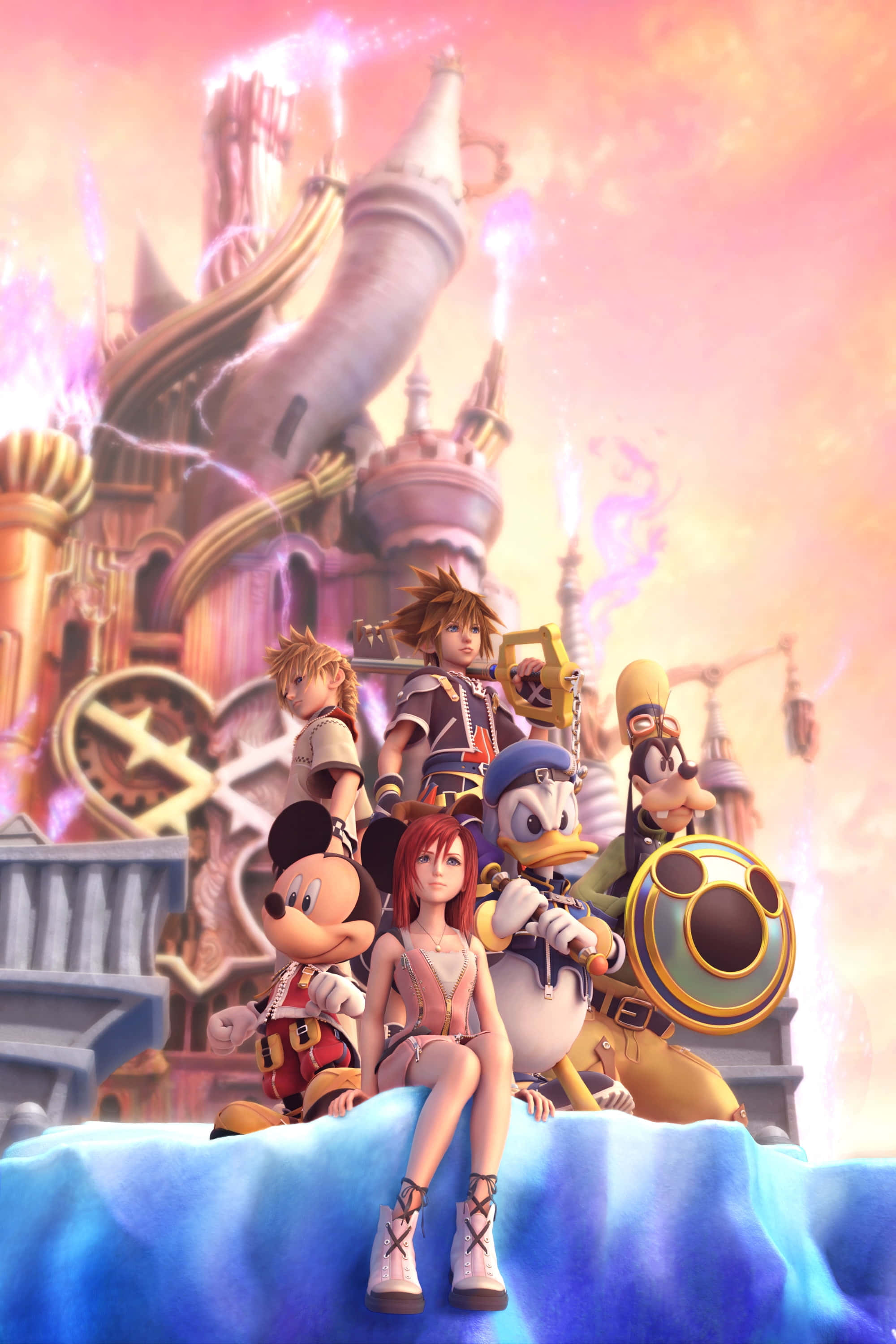 Kingdom 桌布 壁紙 — 一群動畫英雄站在粉紅色和橙色天空下發光的奇幻城堡前。