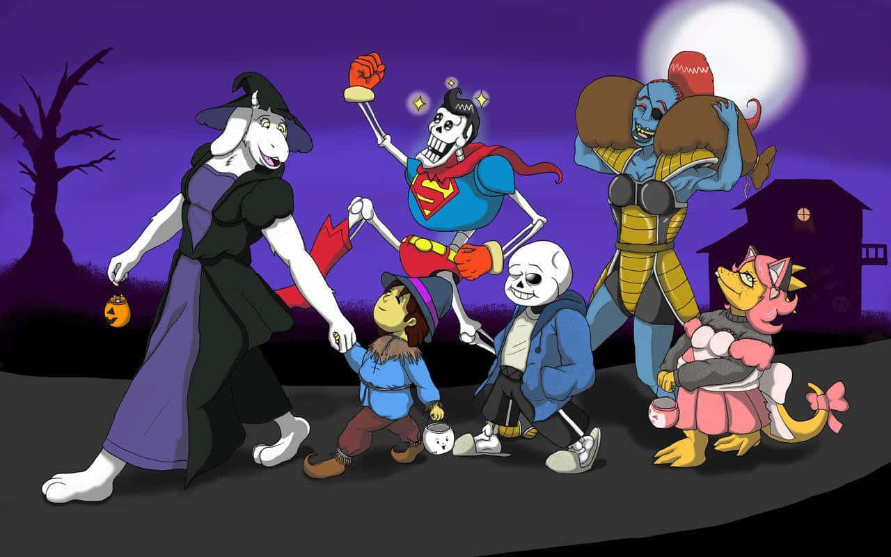 Trick-or-treaters 桌布 壁紙 — 一群動畫萬聖節角色，包括女巫骷髏超級英雄和藍色惡魔，在滿月下一起行走。
