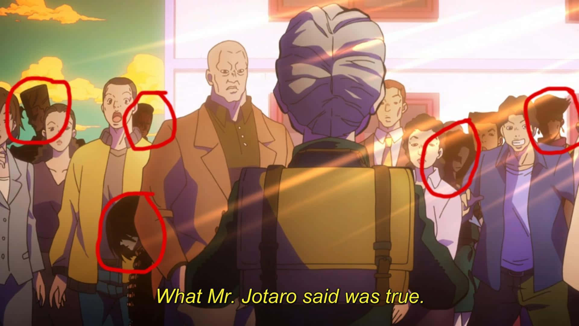 joseph joestar 桌布 壁紙 — 一群動畫角色從背後觀看一個揹著背包的中心人物，金色光線穿過窗戶照射進來。