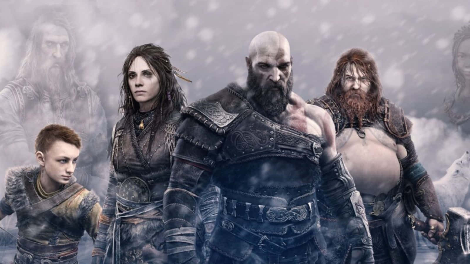 God Of War Characters 桌布 壁紙 — 一群北歐戰士和一個小孩在雪地戰場上堅定站立，身後有鬼影幢幢。