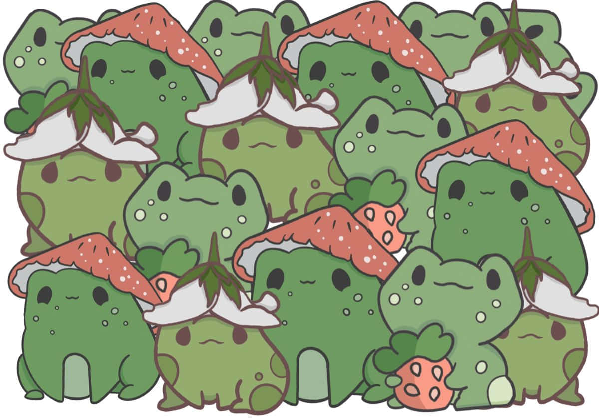 Cute Frog 桌布 壁紙 — 一群可愛的綠色青蛙狀生物，戴著帶有白雲的草莓帽子。