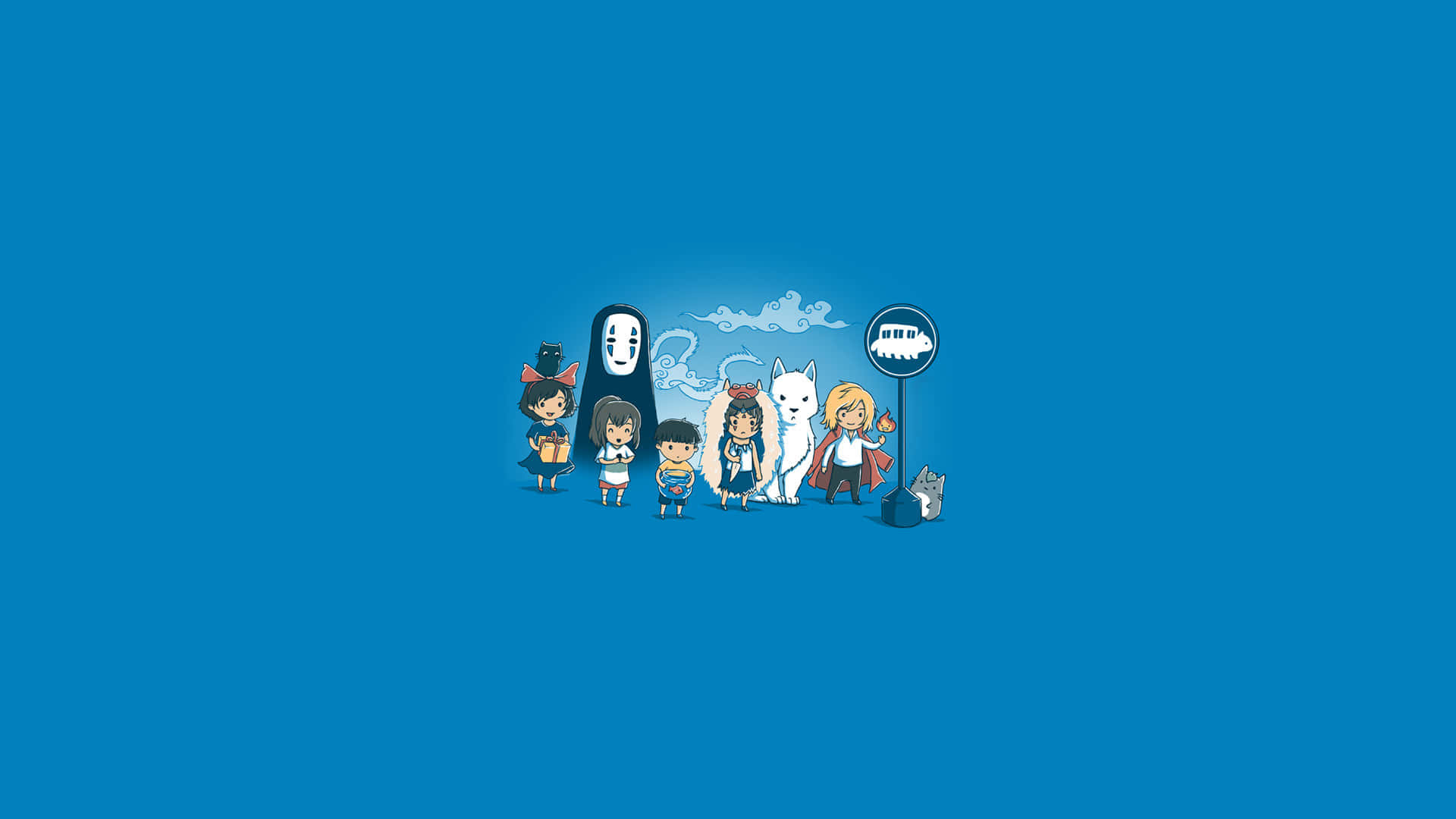 Studio Ghibli Art 桌布 壁紙 — 一群吉卜力工作室角色，包括無臉男和貓巴士，一起站在純藍色背景前。