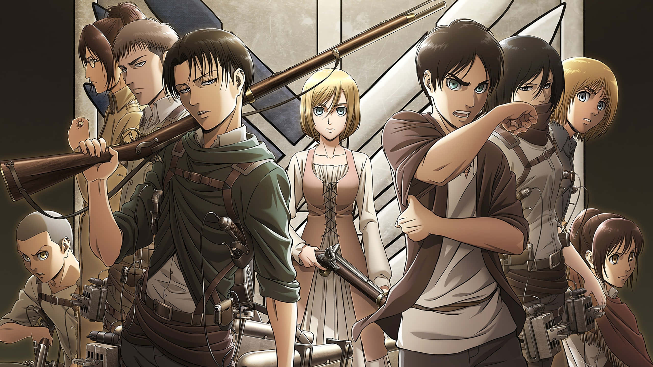 Attack On Titan Season 3 桌布 壁紙 — 一群堅定的動畫角色身穿軍裝，配備立體機動裝置，站在空白的牆前。