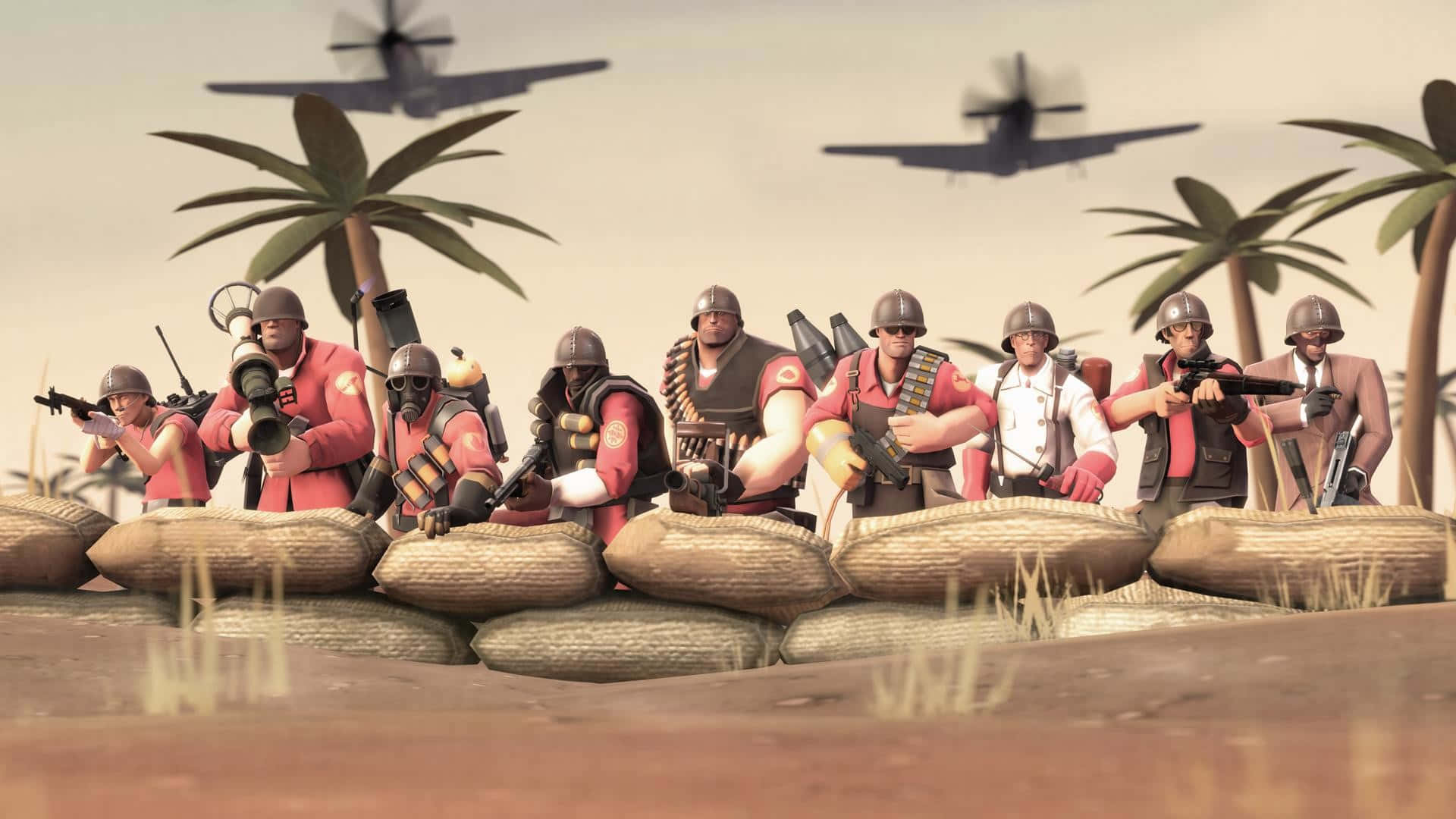 一群士兵站在沙漠前 壁紙