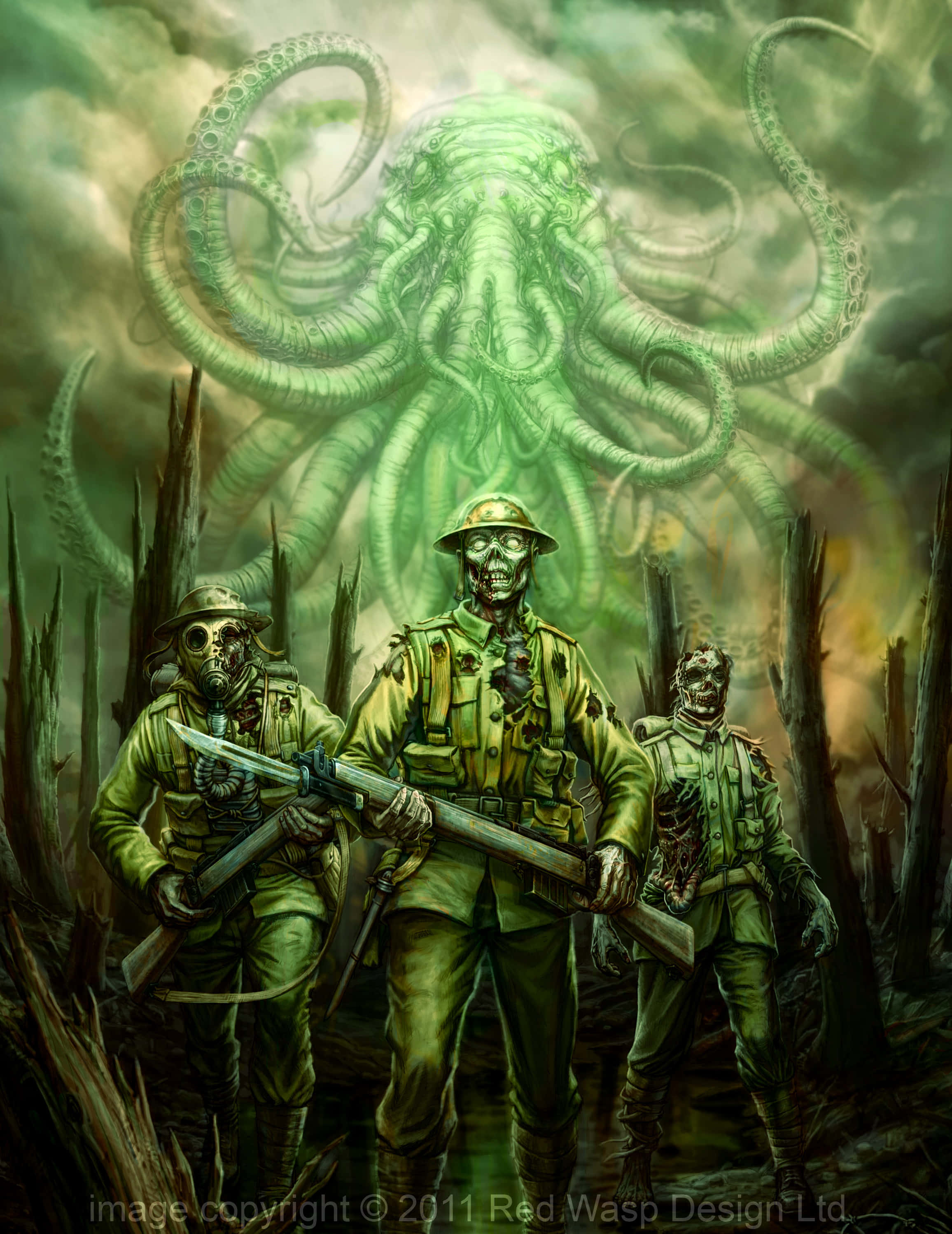 一群士兵站在綠色章魚前 壁紙