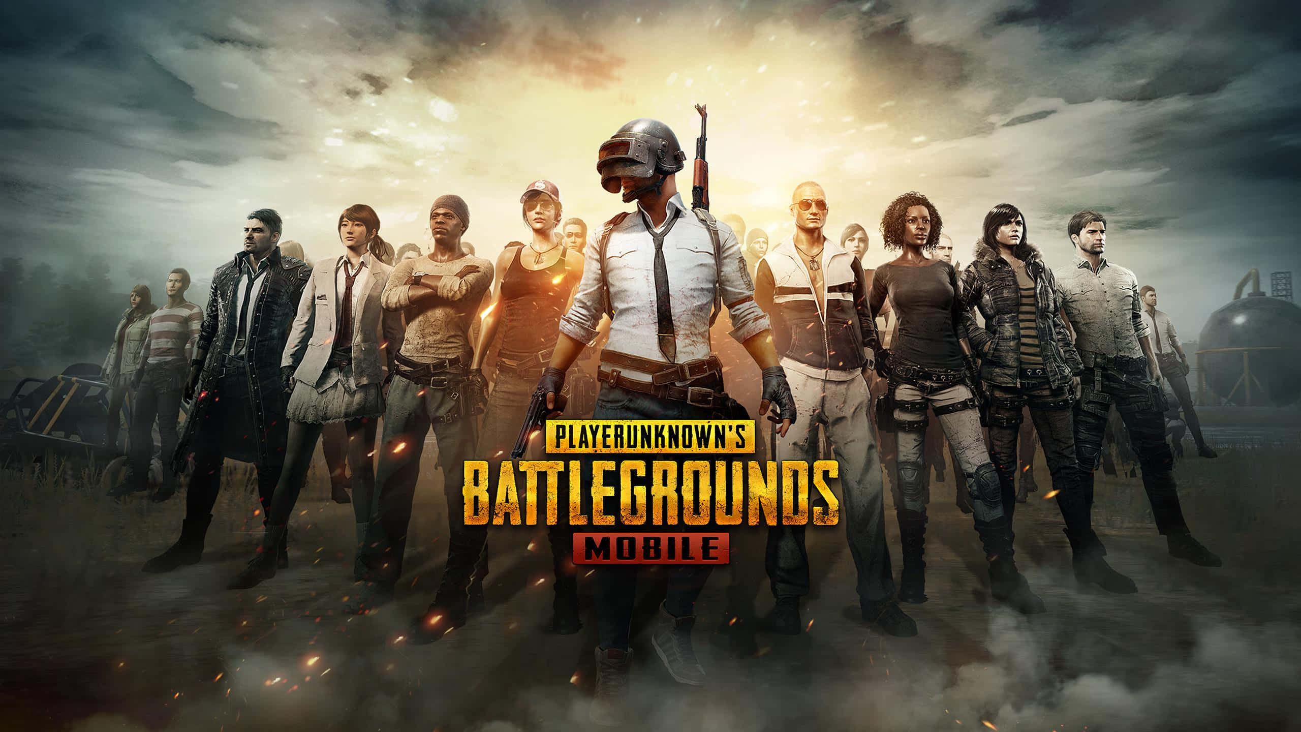 Pubg Banner 桌布 壁紙 — 一群多元化的 battle royale 玩家身穿戰術裝備，在煙霧彌漫的戰場背景下，伴隨著熾熱的火花和戲劇性的日落天空，準備就緒。