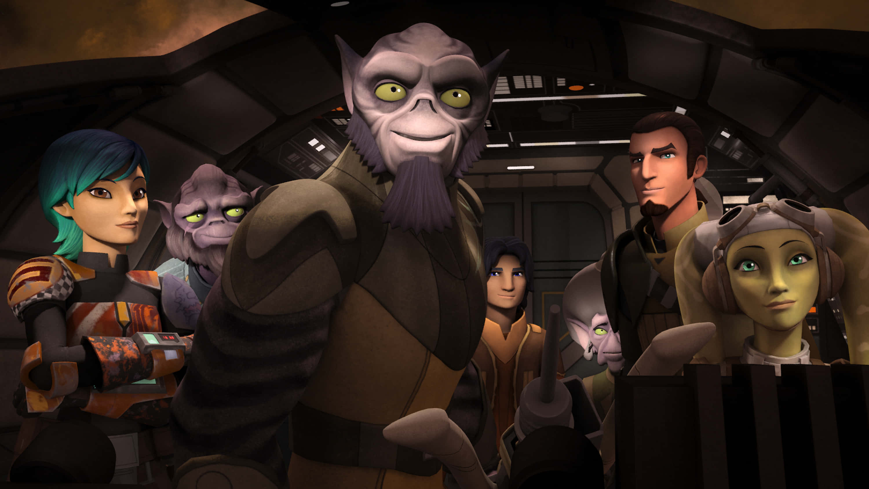 Zeb Orrelios 桌布 壁紙 — 一群多元化的動畫外星人和人類角色聚集在太空船駕駛艙內，周圍是發光的控制裝置和昏暗的燈光。