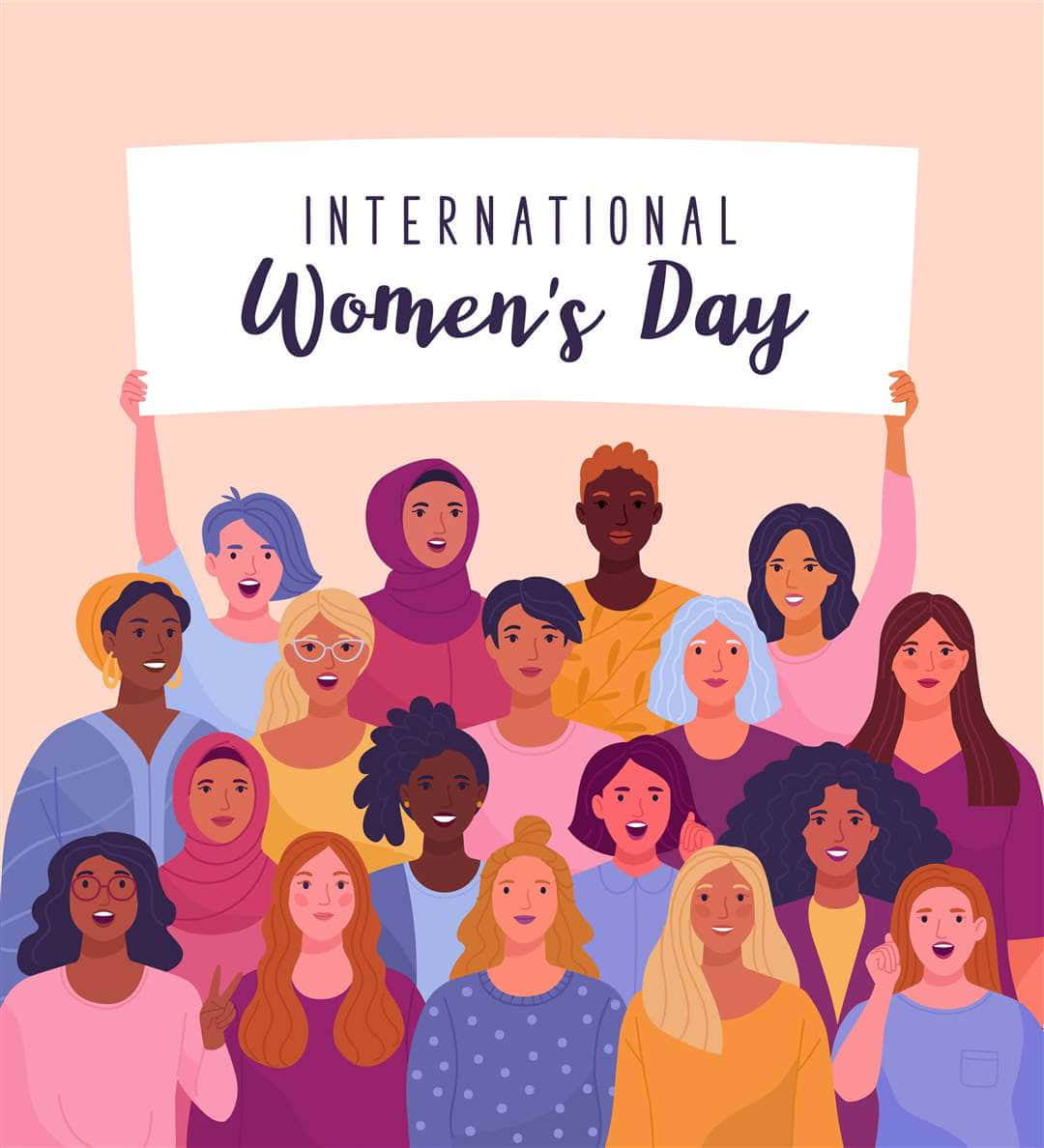 women 桌布 壁紙 — 一群多元化的微笑女性手持寫有International Women's Day的標語牌，背景為柔和的粉紅色。