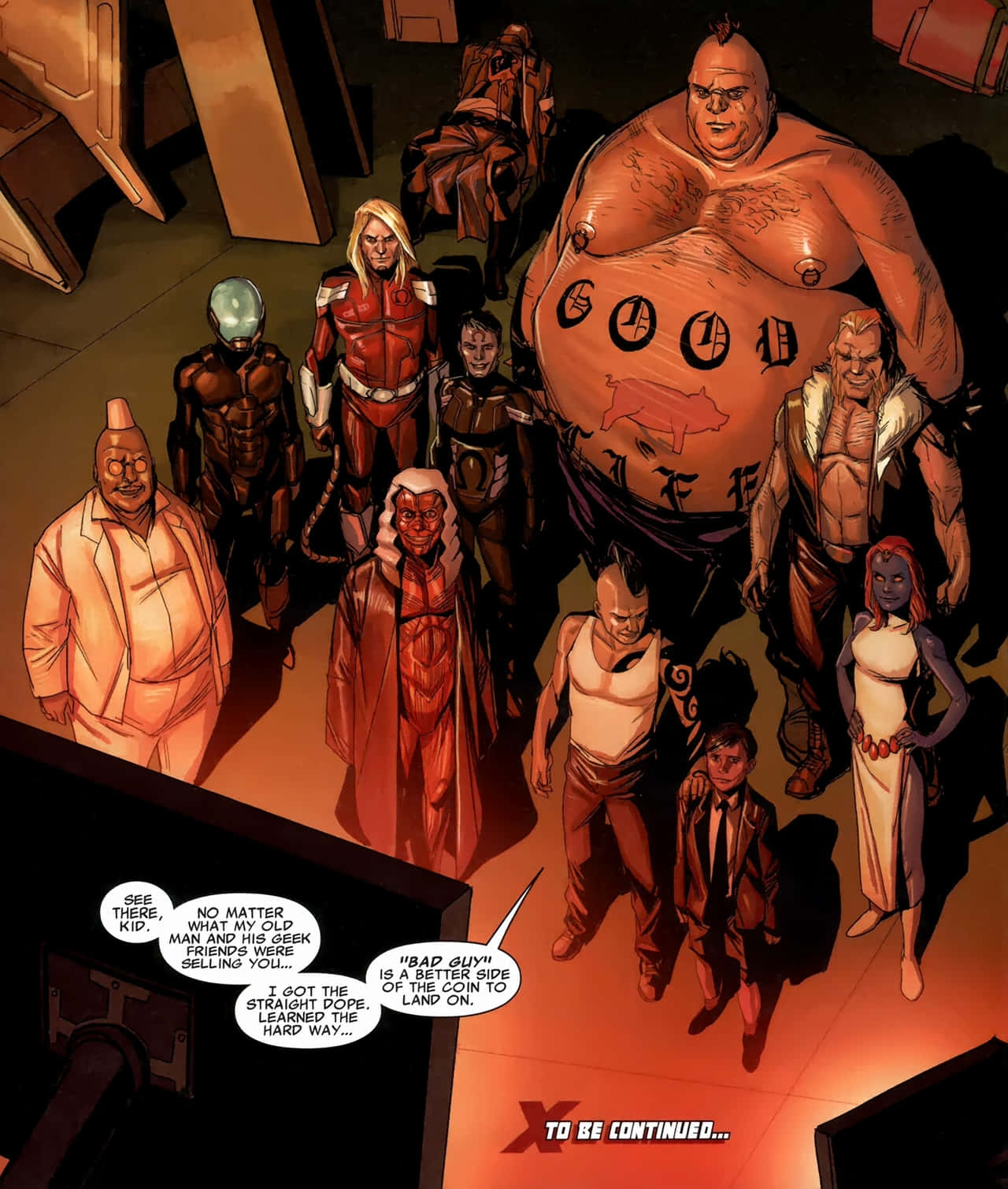 Omega Red 桌布 壁紙 — 一群多元化的漫畫角色，包括一個有紋身的巨人，站在一個光線昏暗、帶有橙色燈光的房間裡。