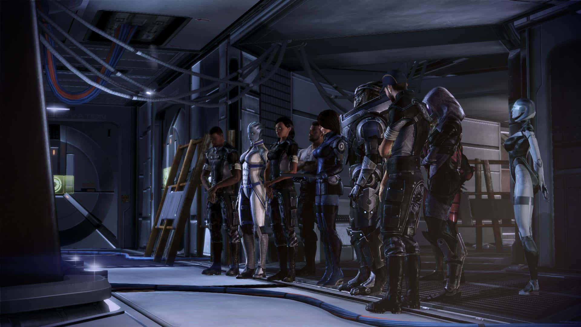 Mass Effect Characters 桌布 壁紙 — 一群多樣化的未來角色穿著裝甲服，站在光線昏暗、帶有藍色發光裝飾的太空船走廊中。