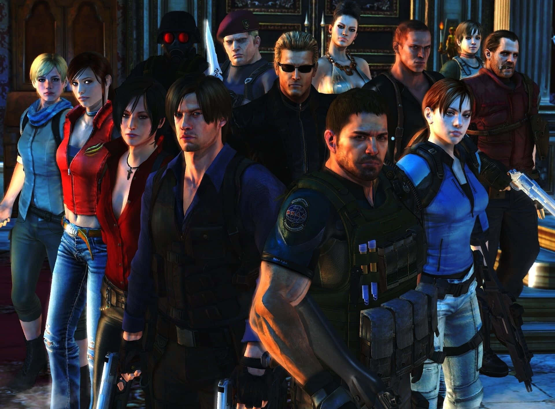 Resident Evil Characters 桌布 壁紙 — 一群多樣的電子遊戲角色身穿戰術裝備，表情嚴肅地站在戲劇性的室內場景中。