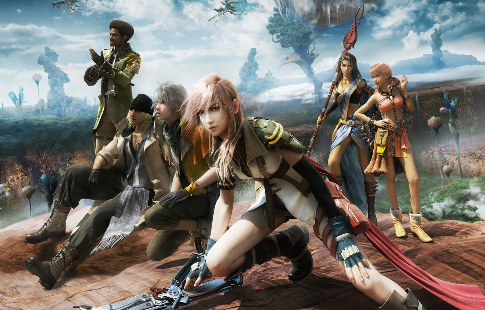 Final Fantasy Characters 桌布 壁紙 — 一群奇幻冒險家喺一個超現實嘅外星景觀中，企喺岩石露頭上擺姿勢，周圍有漂浮生物同遠處嘅廢墟。
