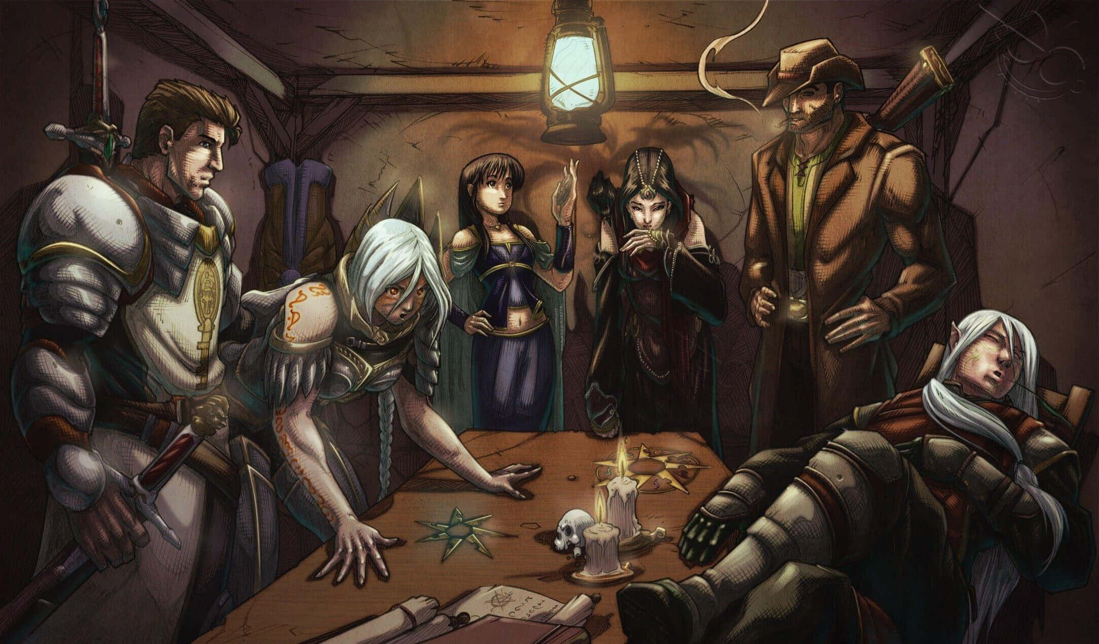 Rpg Games 桌布 壁紙 — 一群奇幻冒險者聚集在一間昏暗的木製酒館中，圍繞著一張燭光點亮的桌子，在懸掛的燈籠下施展法術並制定策略。