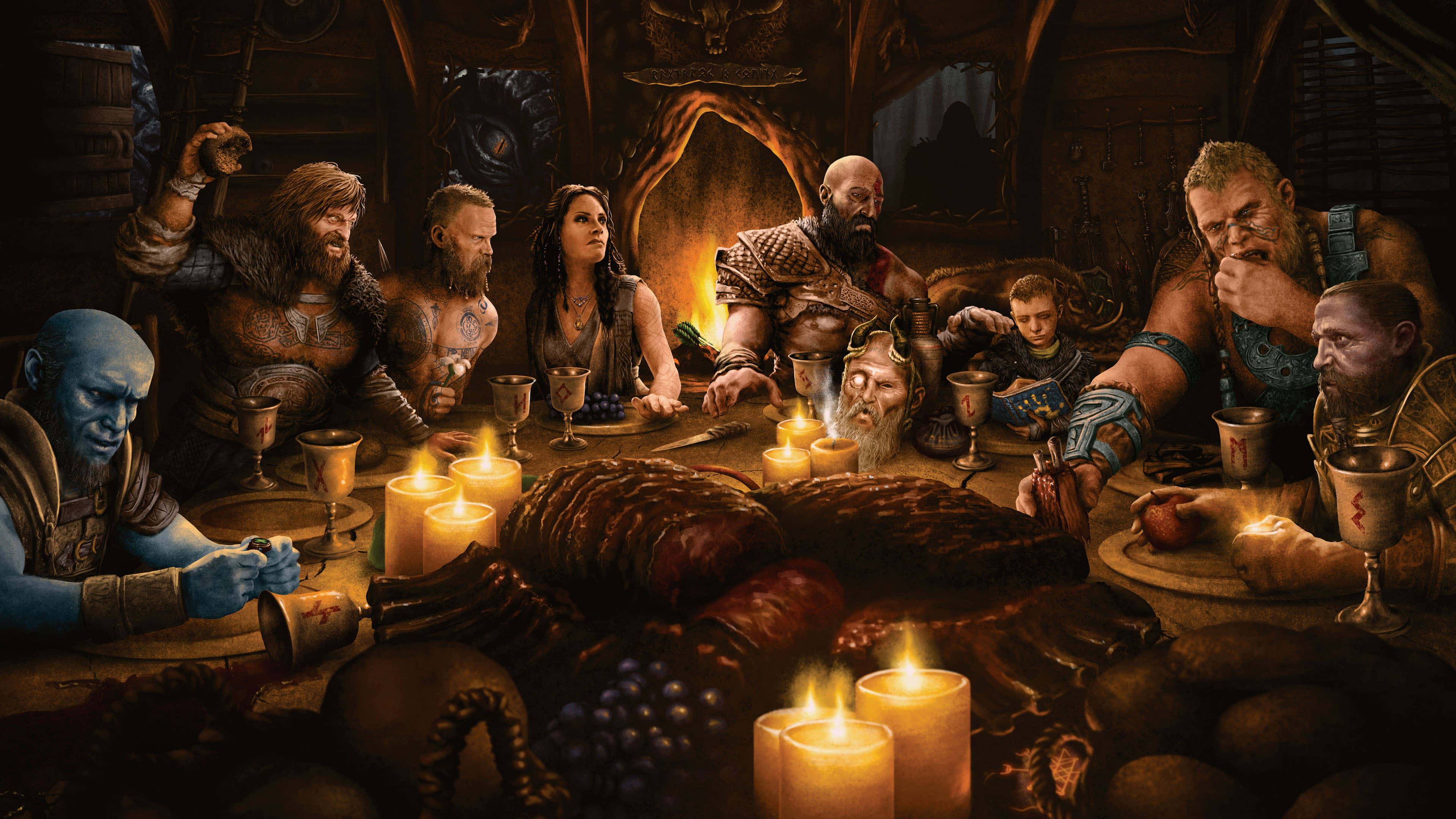God Of War Characters 桌布 壁紙 — 一群奇幻戰士和一個藍皮膚人形生物聚集在一個質樸的石廳中，圍繞著一張燭光盛宴的桌子。
