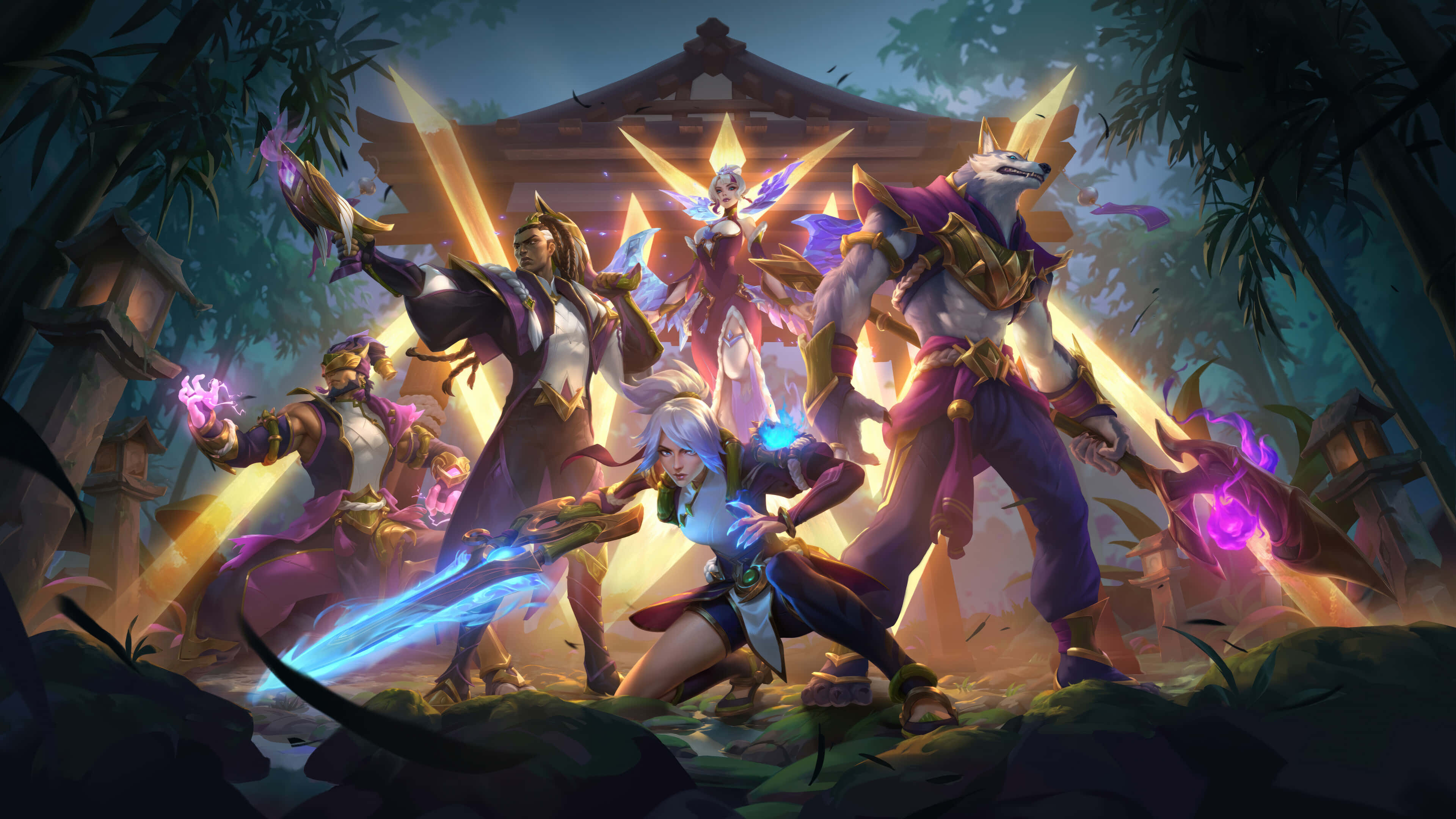 League Of Legends Champions 桌布 壁紙 — 一群奇幻戰士手持發光武器，在黃昏時分英勇地站在神秘的竹林寺廟中。