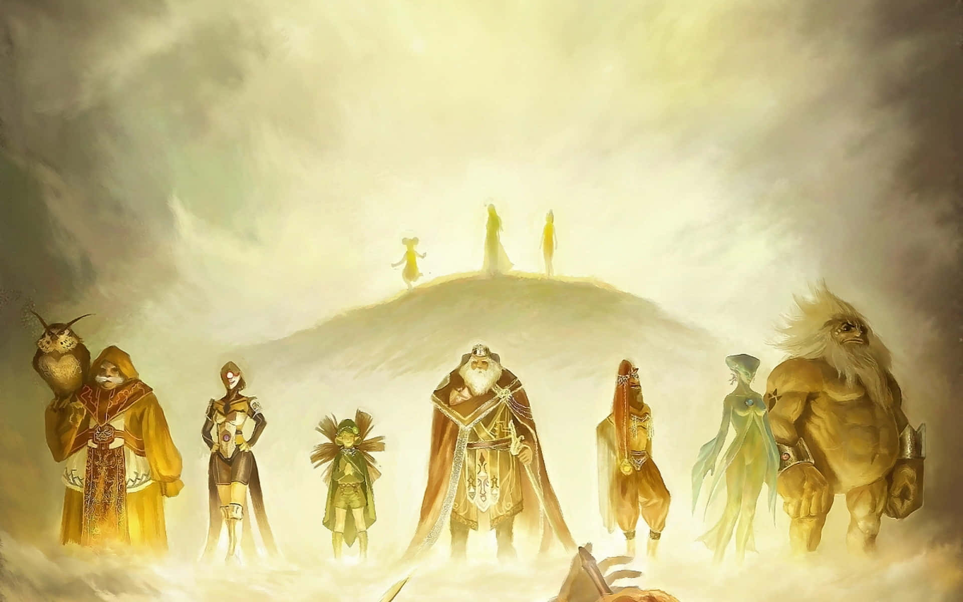 The Legend Of Zelda Hyrule 桌布 壁紙 — 一群奇幻角色站在霧氣瀰漫的山丘上，天空發光，遠處山頂上有剪影般的人物。