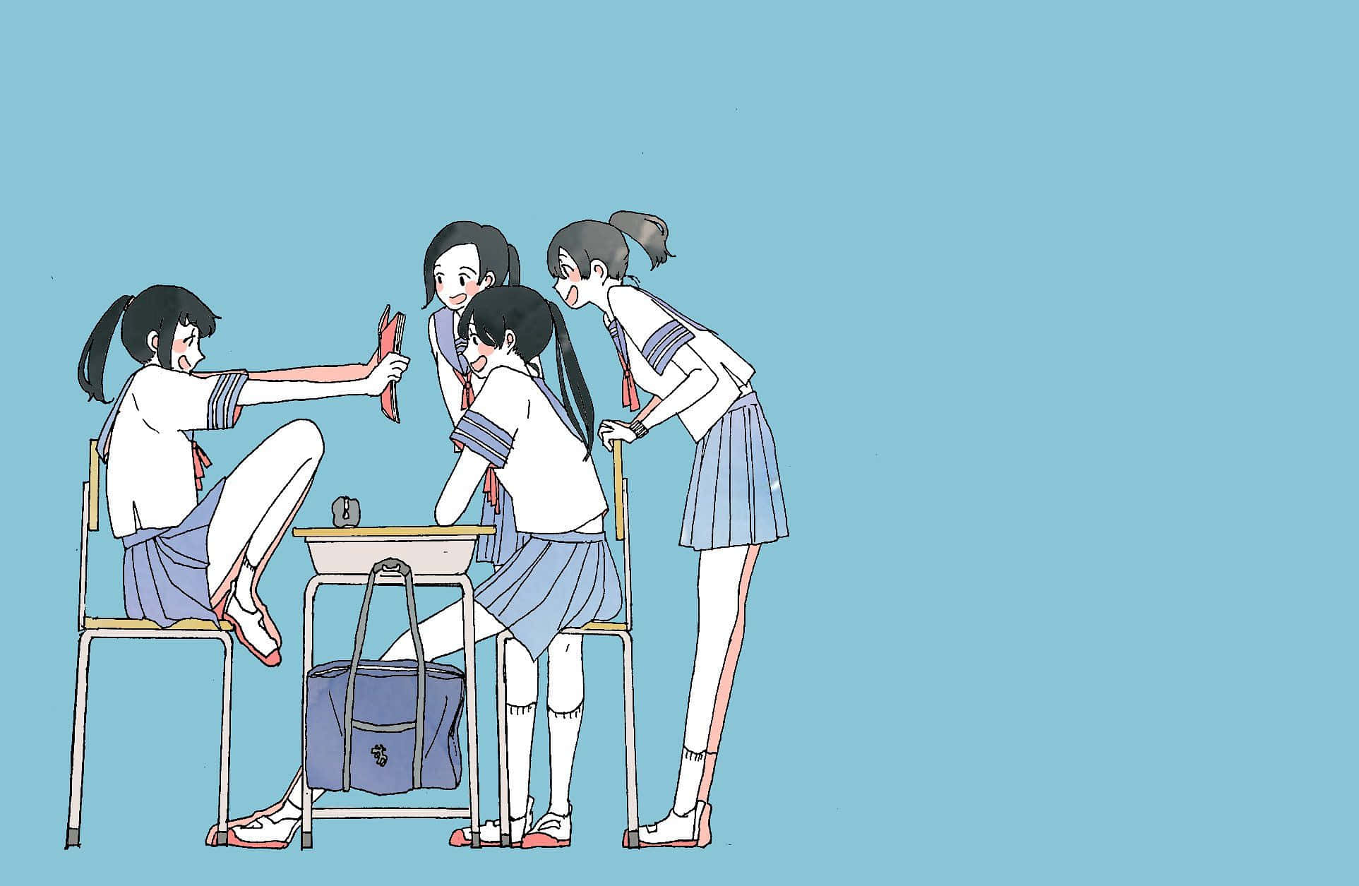 一群女孩坐在桌前 壁紙