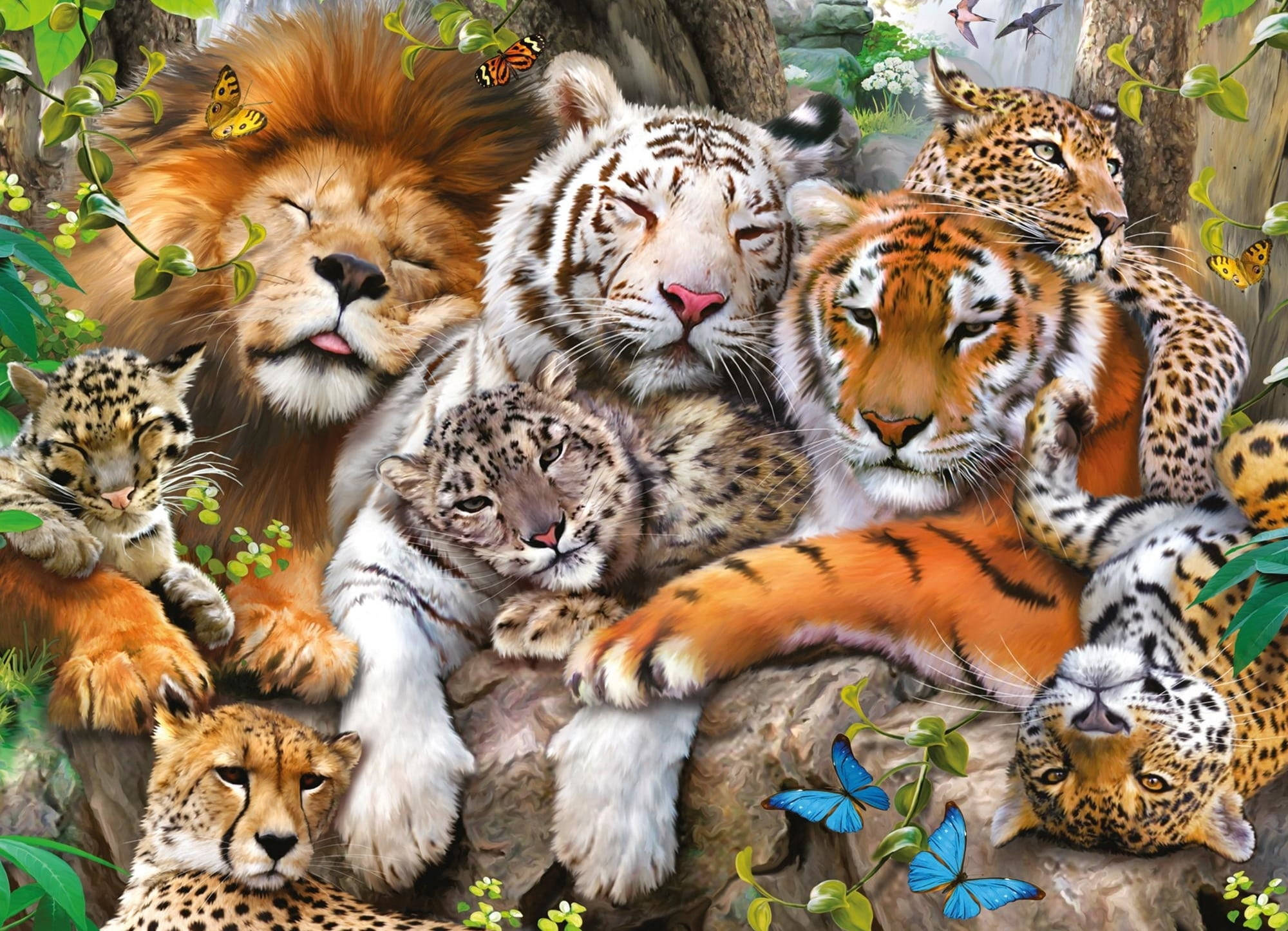 獅子 桌布 壁紙 — 一群威嚴的大型貓科動物，包括獅子、老虎、豹子和獵豹，在蝴蝶飛舞的茂密叢林中一起安詳地休息。