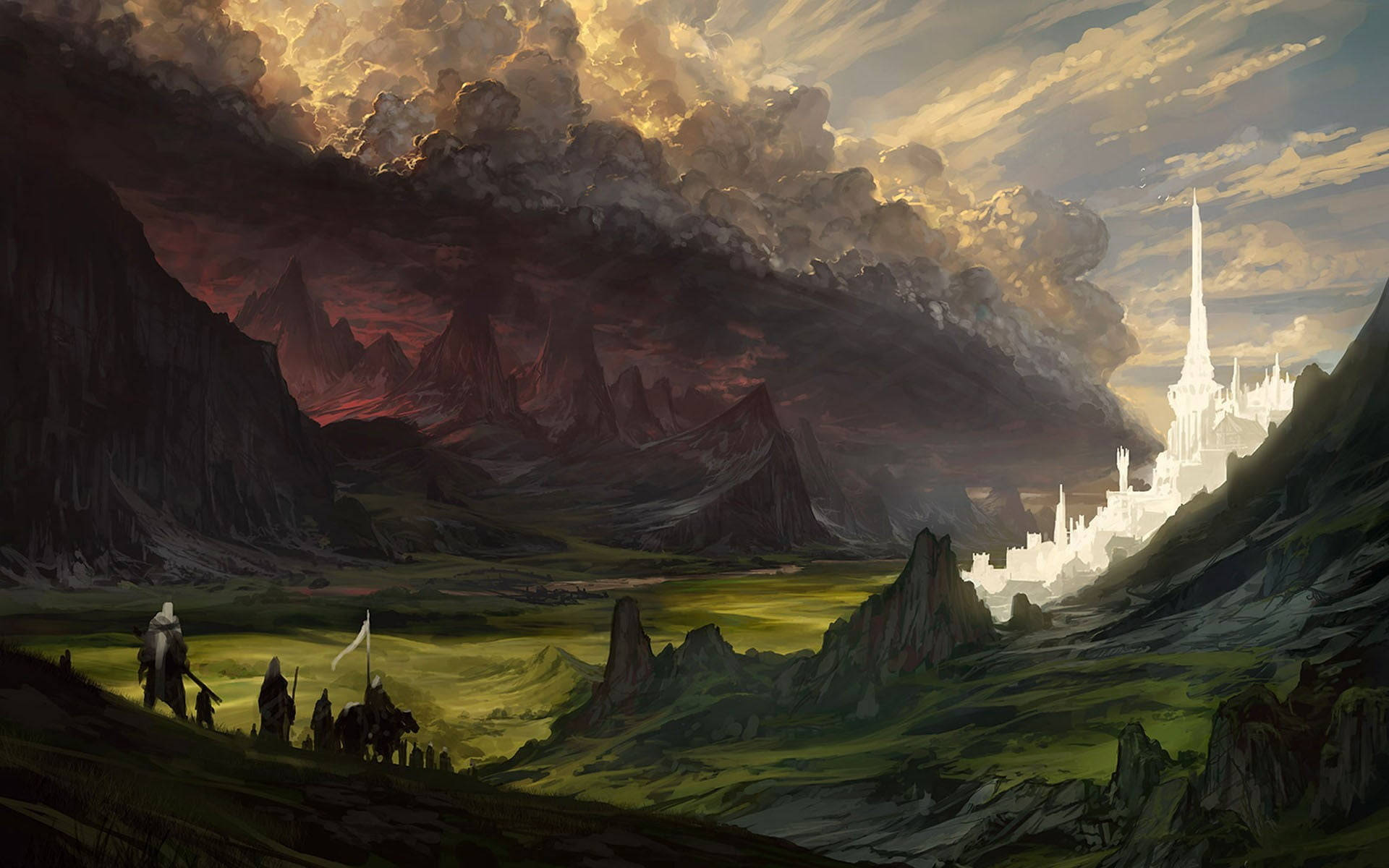 Lord Of The Rings Landscape 桌布 壁紙 — 一群孤獨的旅人朝著山谷中一座閃耀的白色城堡前進，山谷上方是暴風雨般的日落天空。